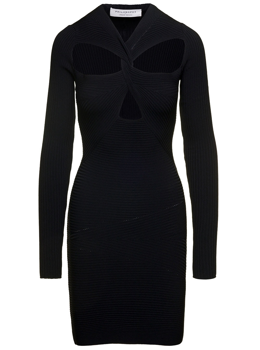 PHILOSOPHY DI LORENZO SERAFINI MINI BLACK RIBBED DRESS WITH CUT-OUT DETAILS AT THE FRONT IN VISCOSE BLEND WOMAN