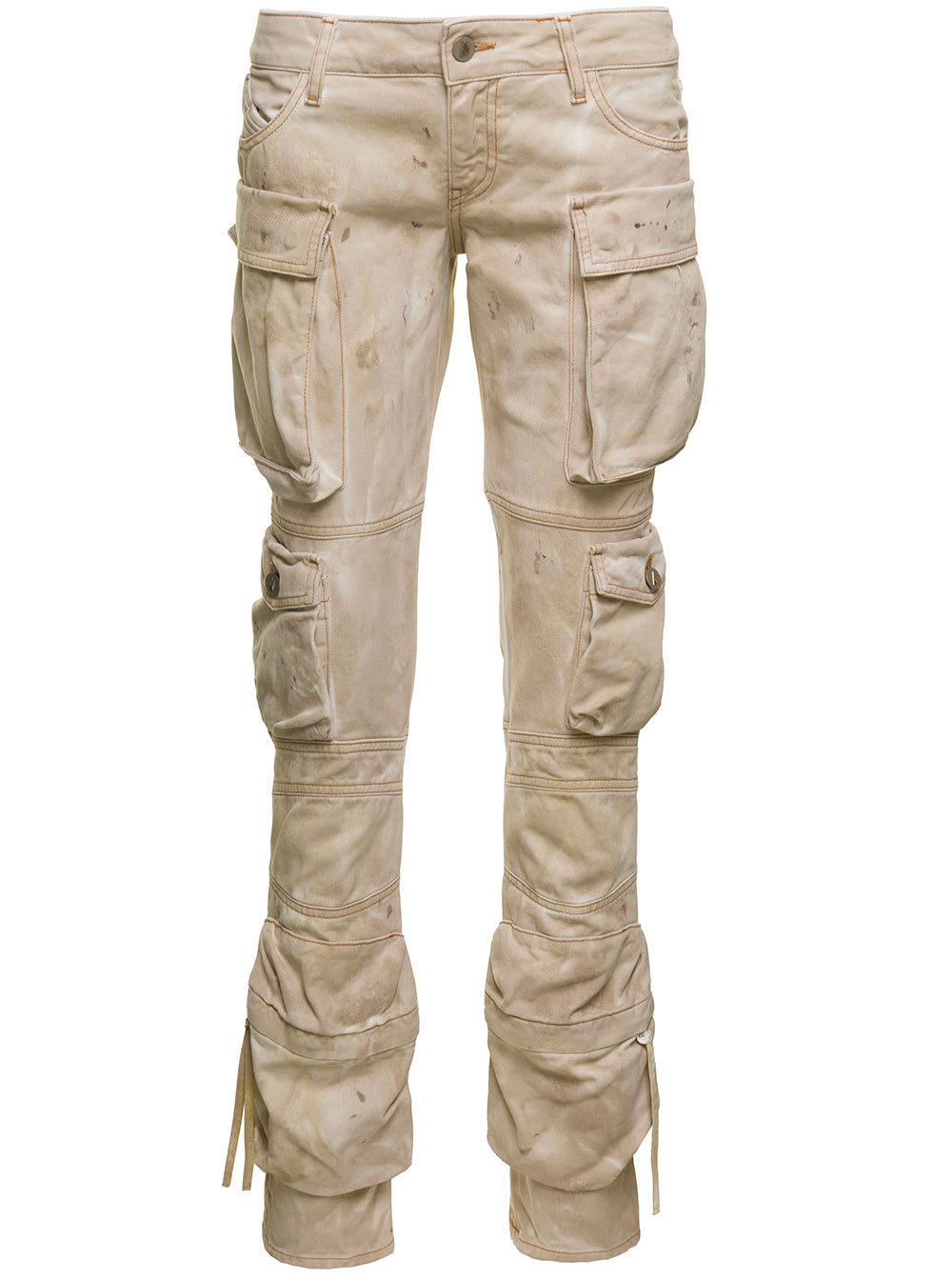 Shop Attico Essie Beige Low Waisted Jeans With Cargo Pockets And Logo Embroidery In Cotton Denim Woman