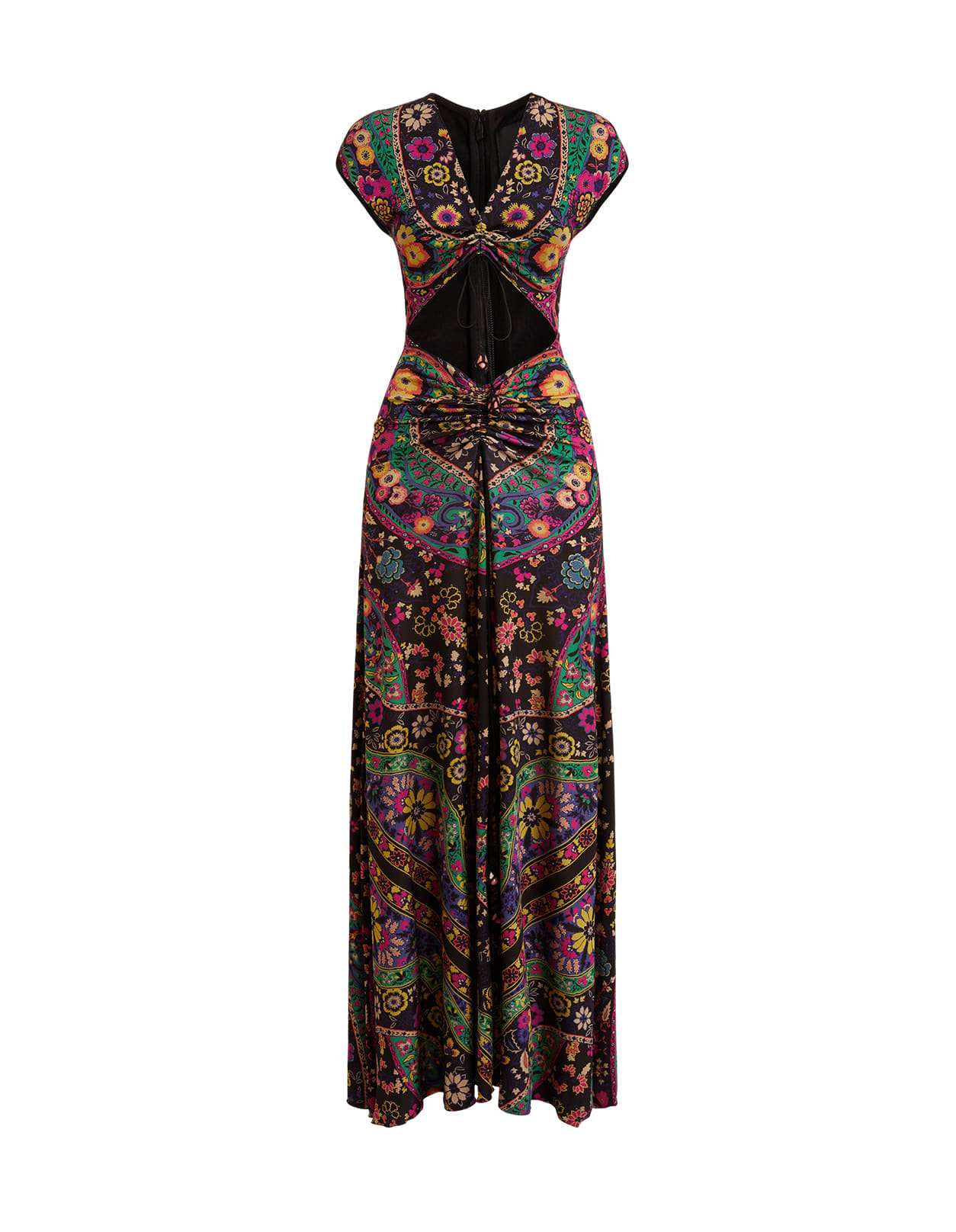 Etro Long Black Dress With Multicolored Floral Floulard Print