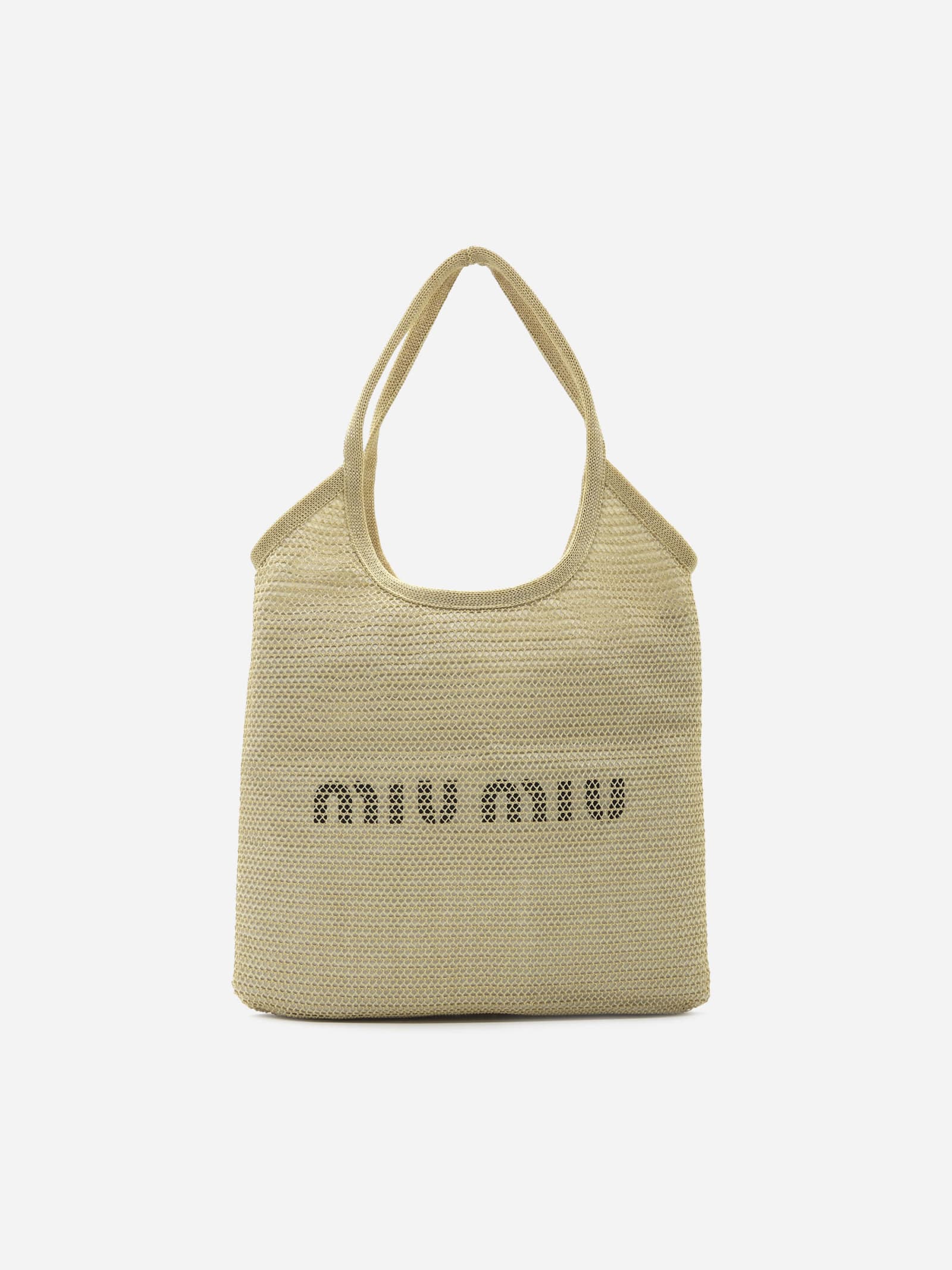 Miu Miu Tote Bag In Woven Raffia With Logo Print