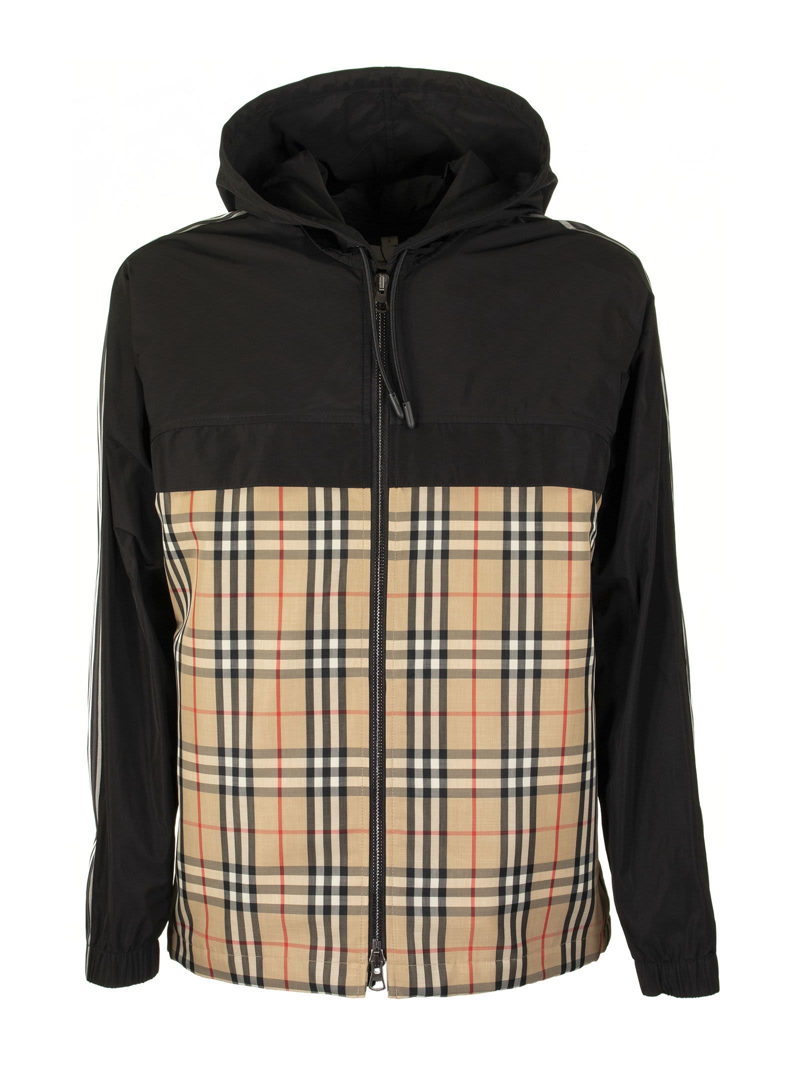 BURBERRY CHECK PANEL SHAPE-MEMORY TAFFETA HOODED JACKET,11219768