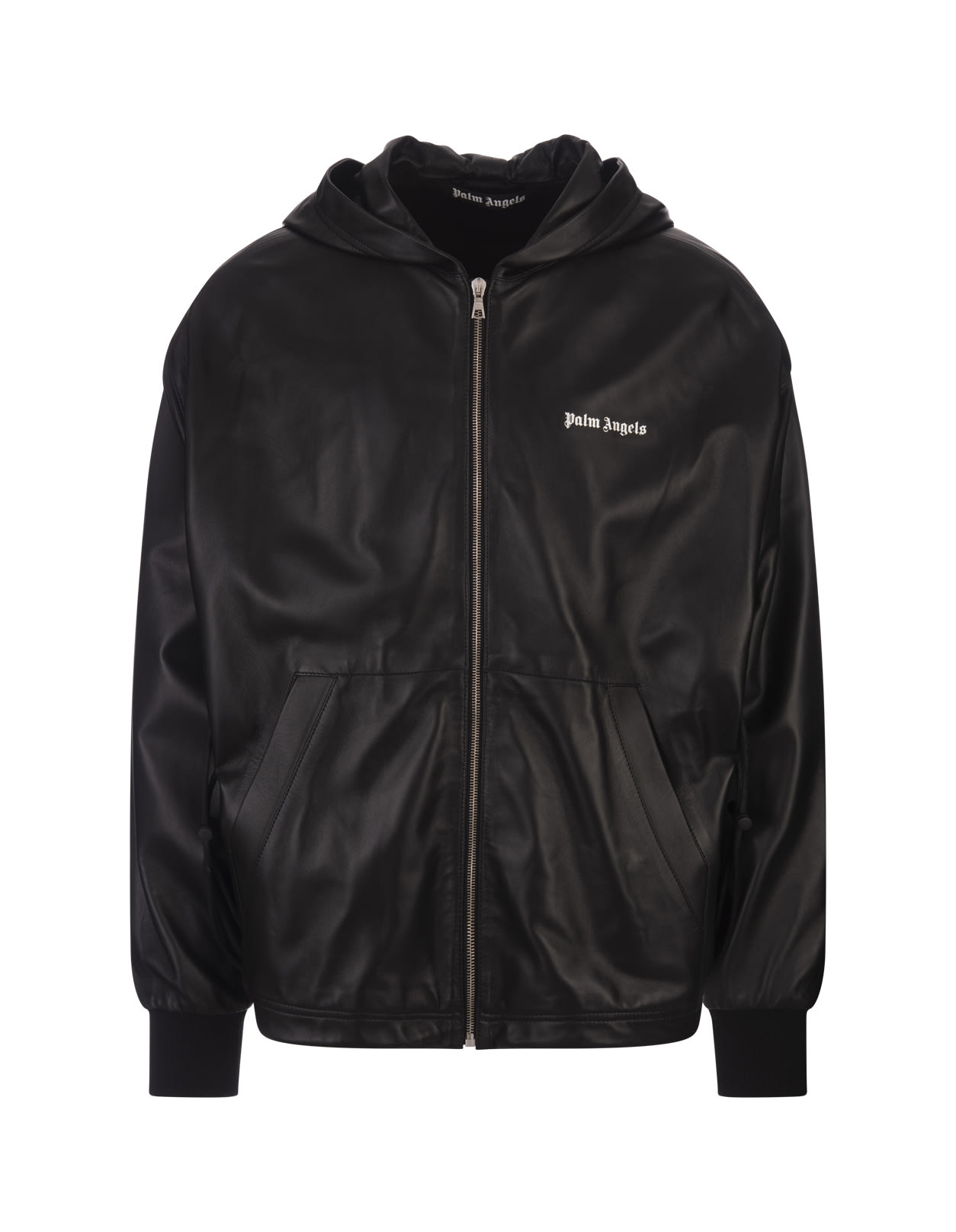 Black Hooded Leather Jacket With Logo