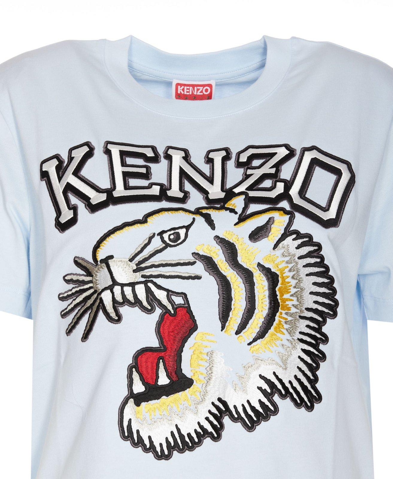 Shop Kenzo Logo Embroidered Crewneck T-shirt In Azzurro