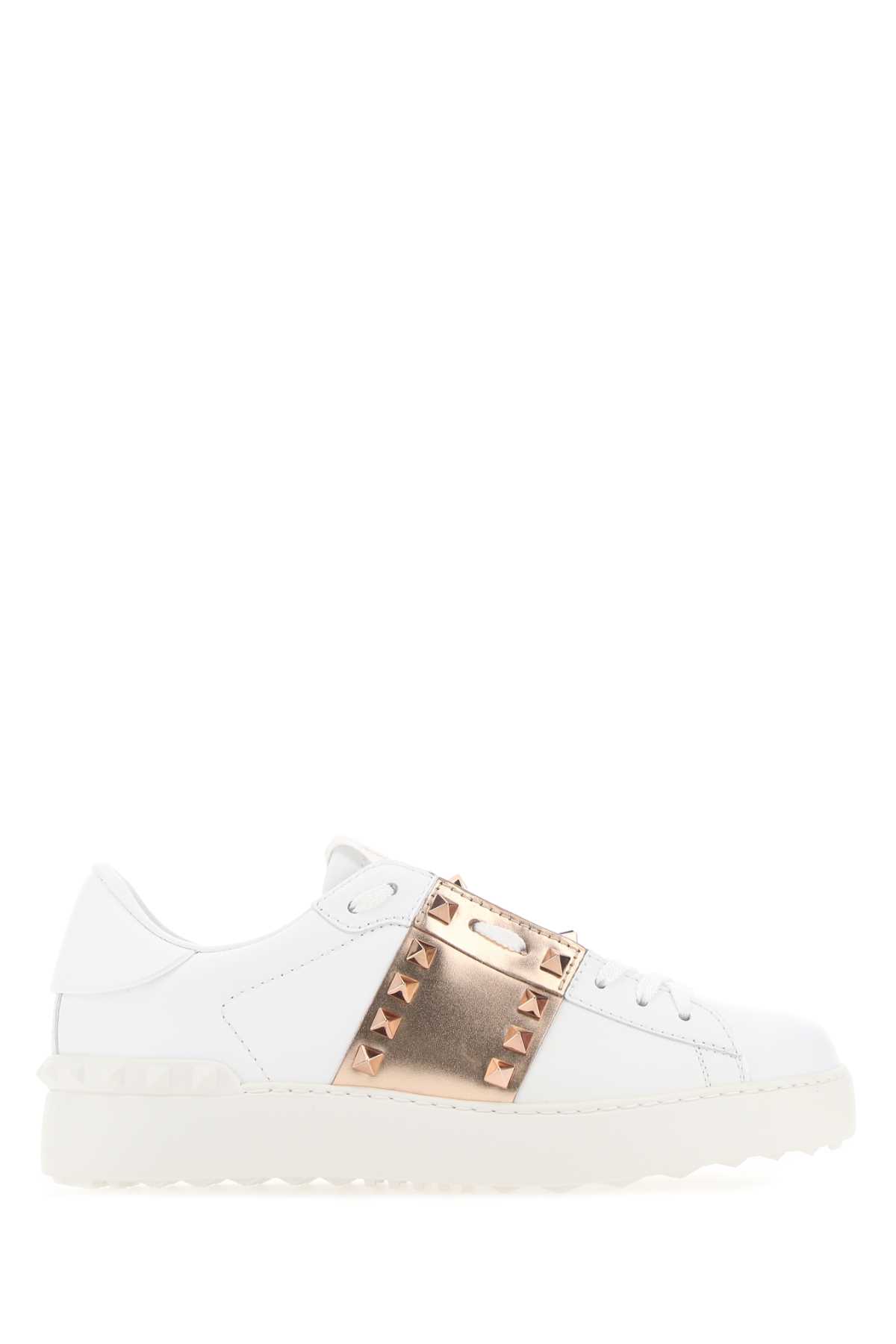 Shop Valentino White Leather Rockstud Untitled Sneakers With Gold Rose Band In Biancoramebianco