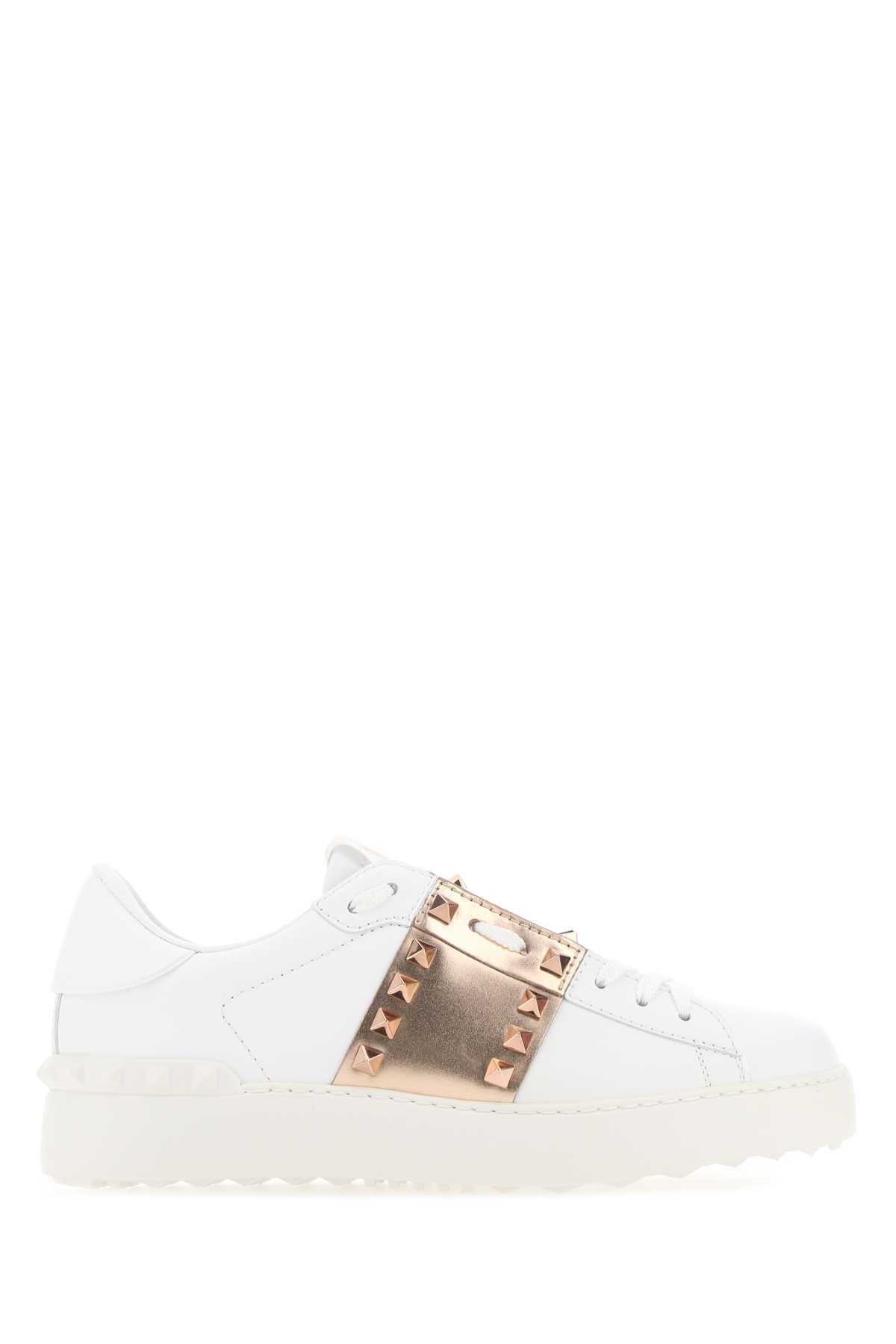 White Leather Rockstud Untitled Sneakers With Gold Rose Band