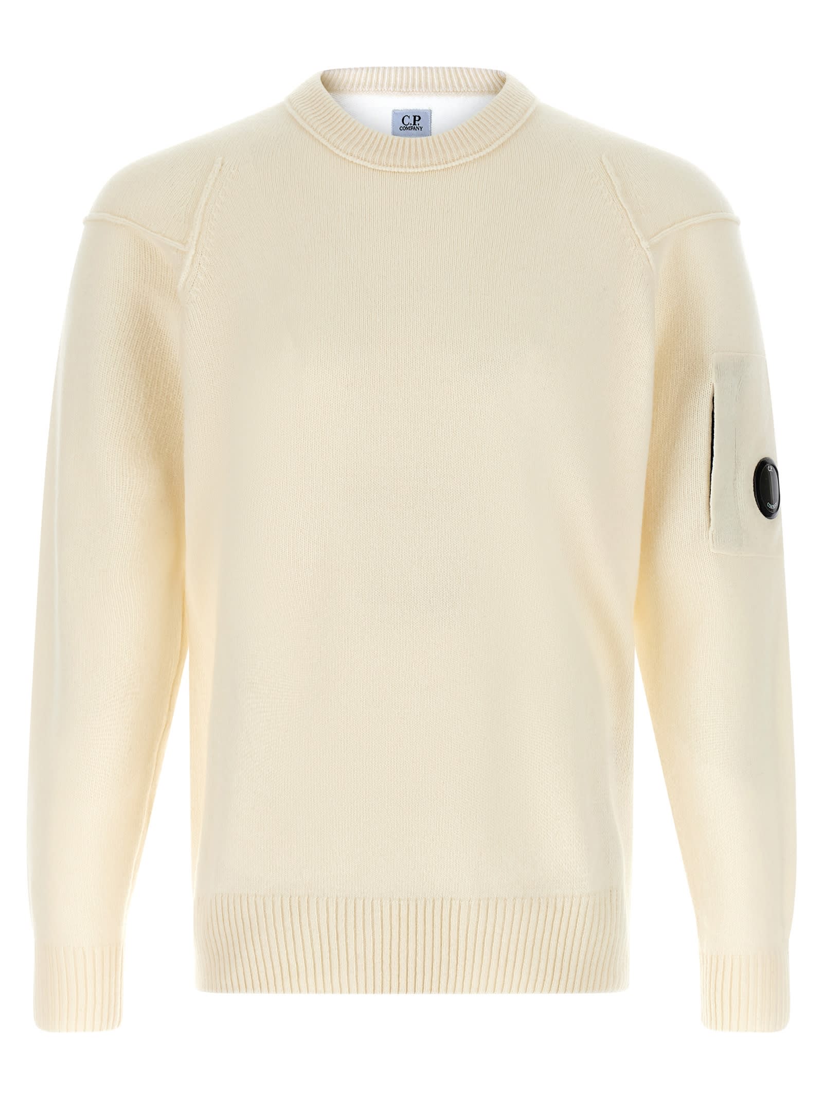 C.p. Company Men White Crewneck Sweater With Logo Plaque On The Sleeve In Wool Blend Man In Neutral