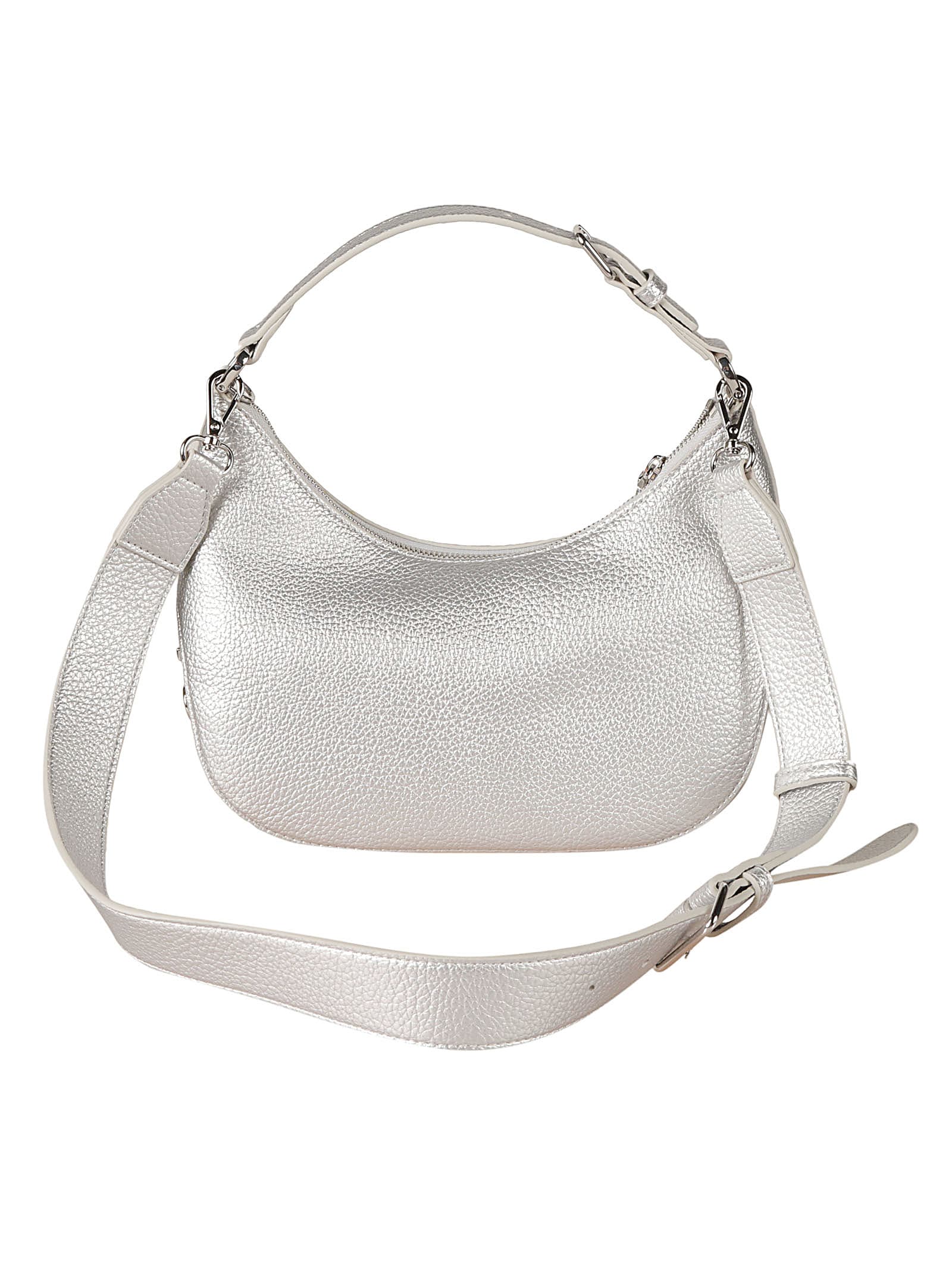 Shop Love Moschino Metallic Logo Stamp Top Zip Shoulder Bag In Silver