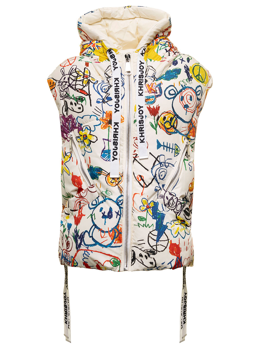 Iconic Graffiti White Sleeveless Down Jacket In Technical Fabric With Allover Print Khrisjoy Woman