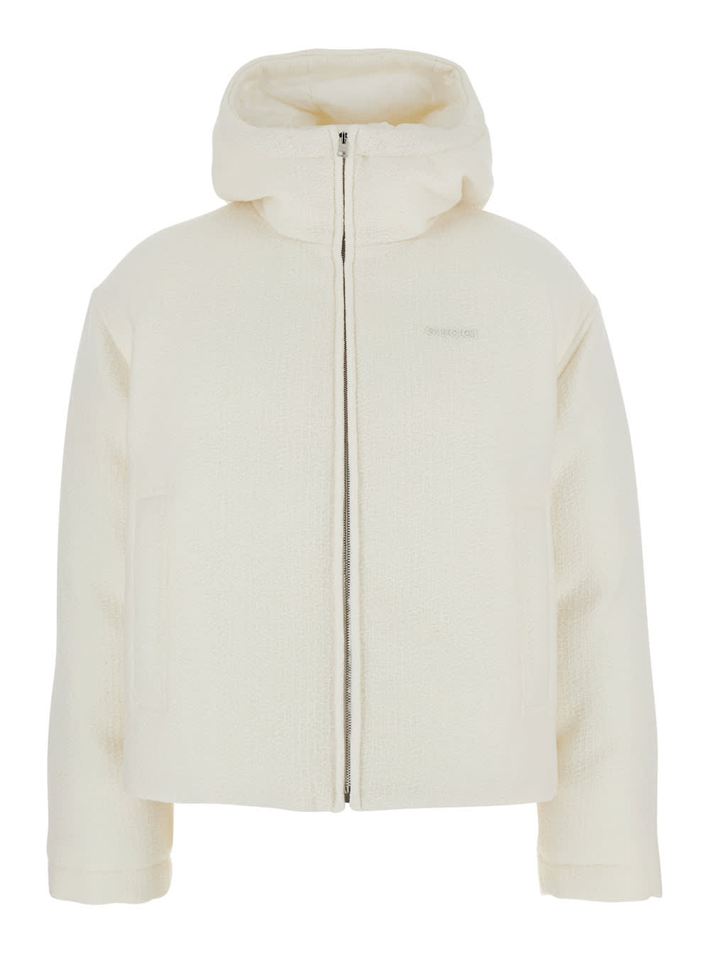 Gucci White Wool Bomber Jacket With Fixed Hood And Logo Lettering On The Front In Gray