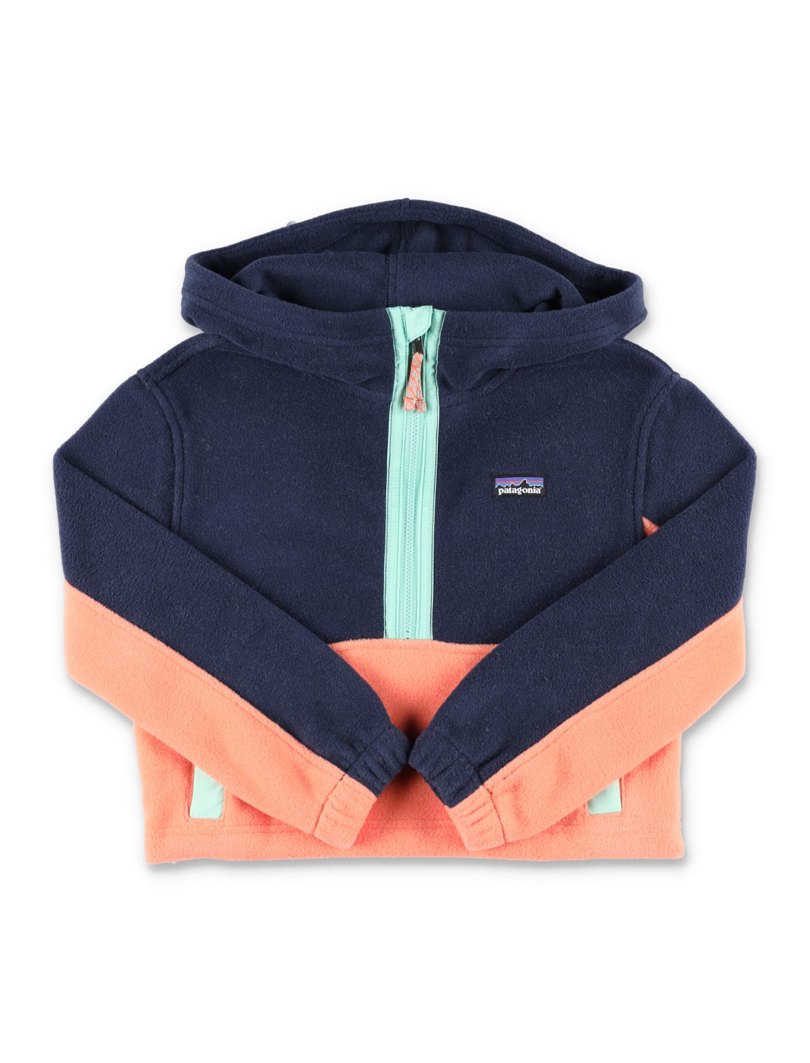 Patagonia Kids' Microdini Cropped Fleece Hoody Pullover In Navy/coral