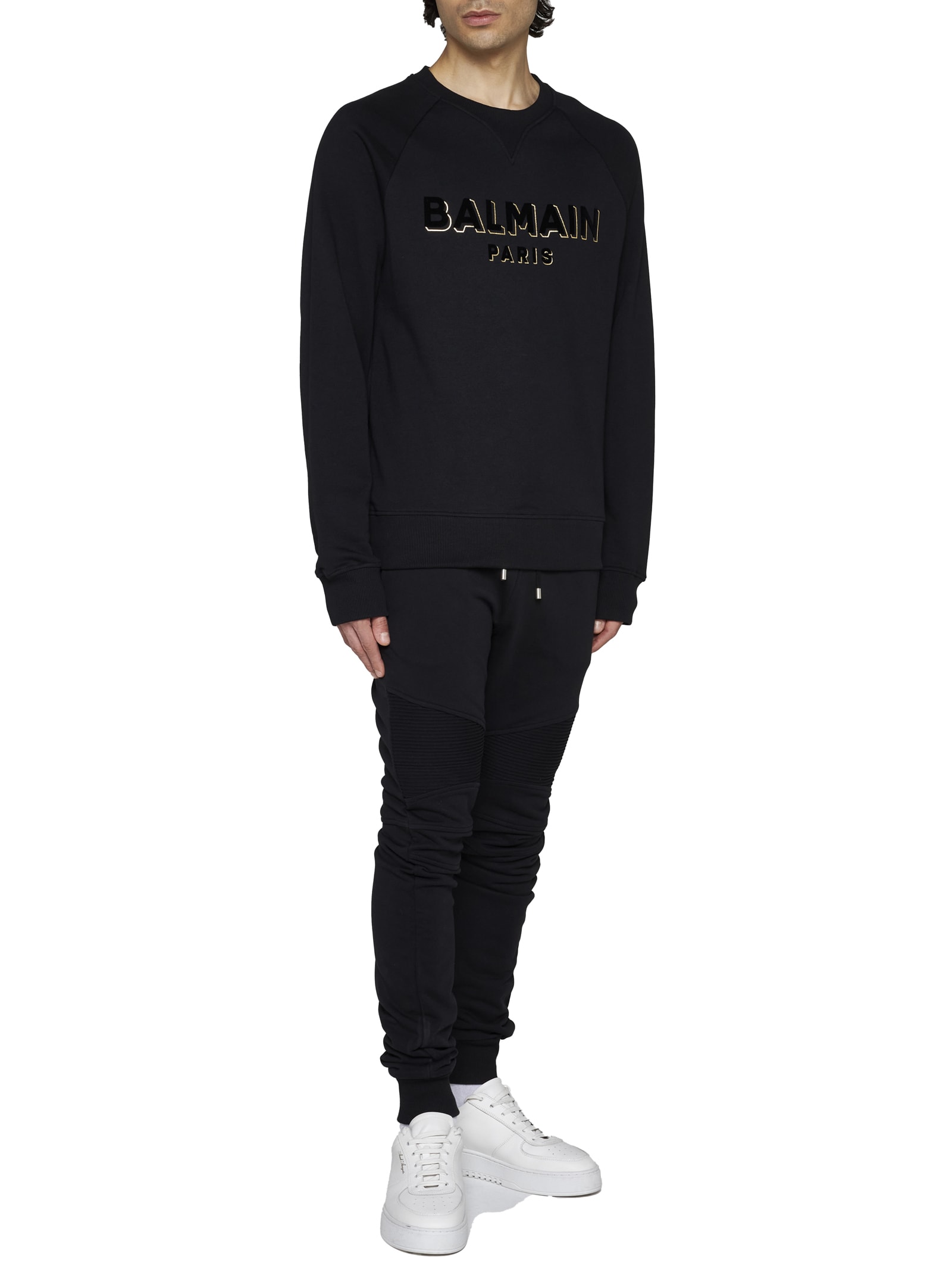 Balmain Flocked Logo Sweatshirt With Metallic Accents In Noir Noir Or