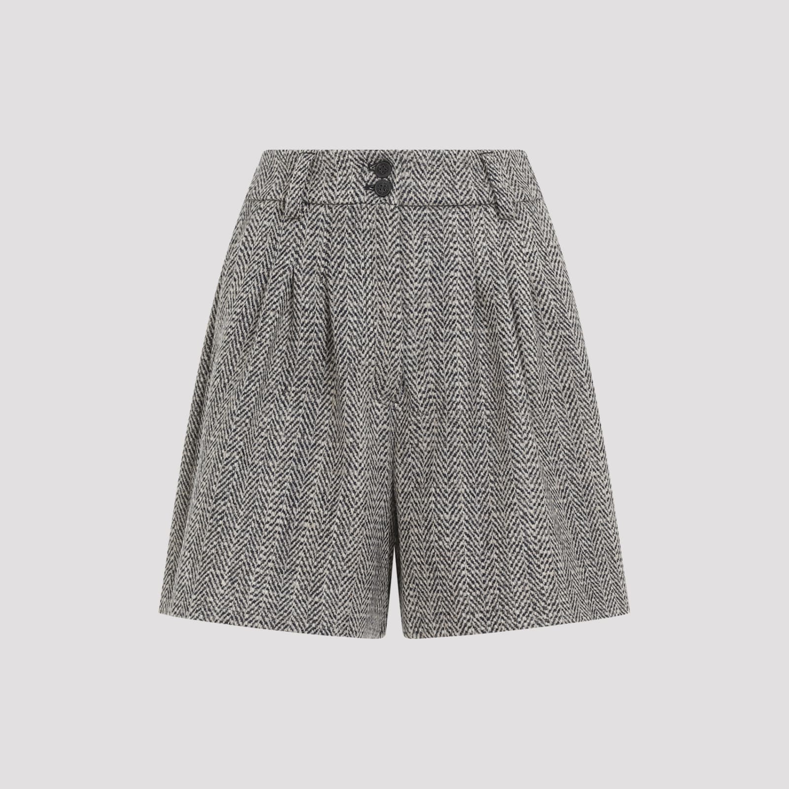 Shop Golden Goose Herringbone Pleated Short Pants In Midnight Ecru