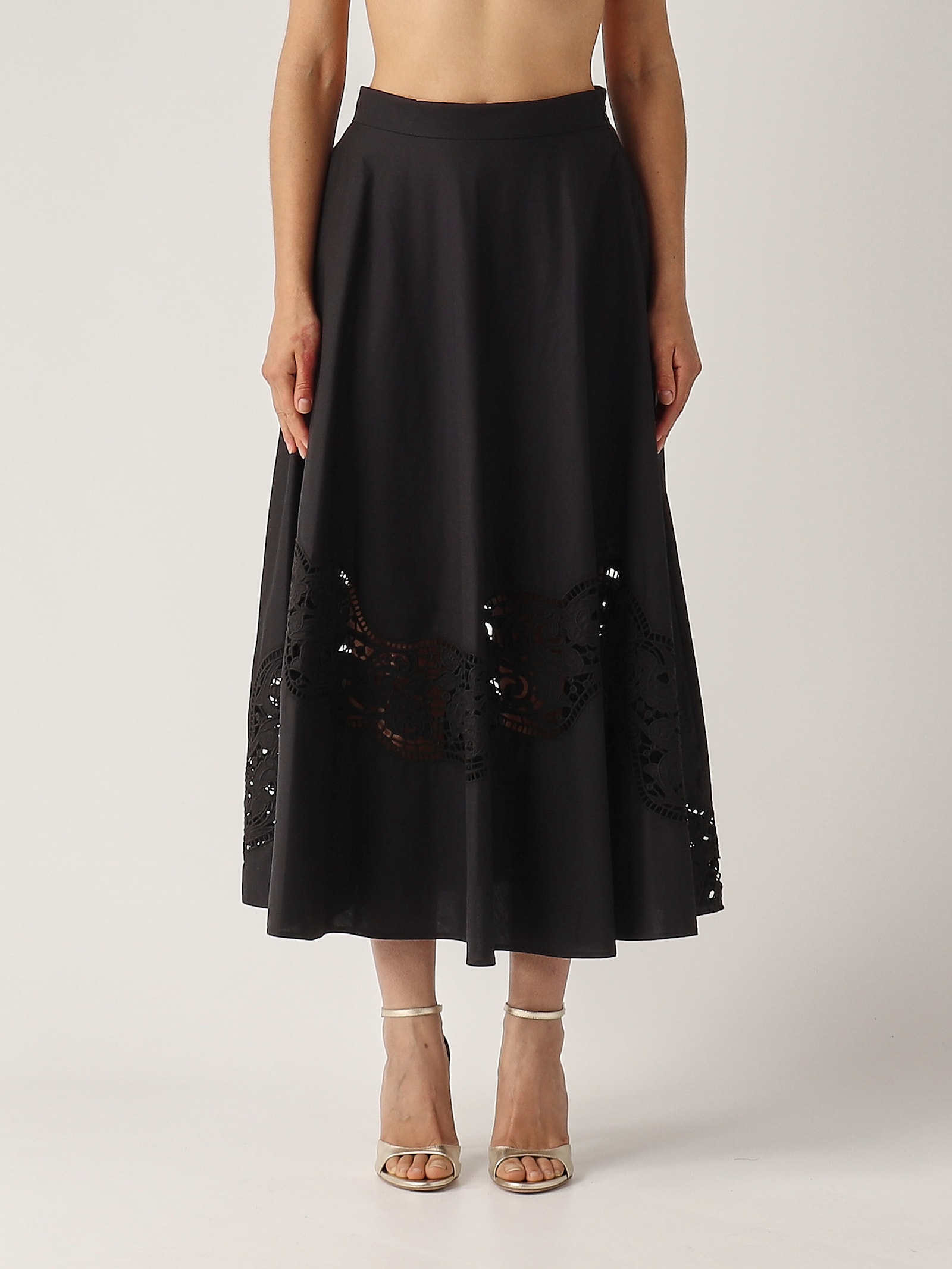 Twinset Lace-insert A-line Skirt In Nero