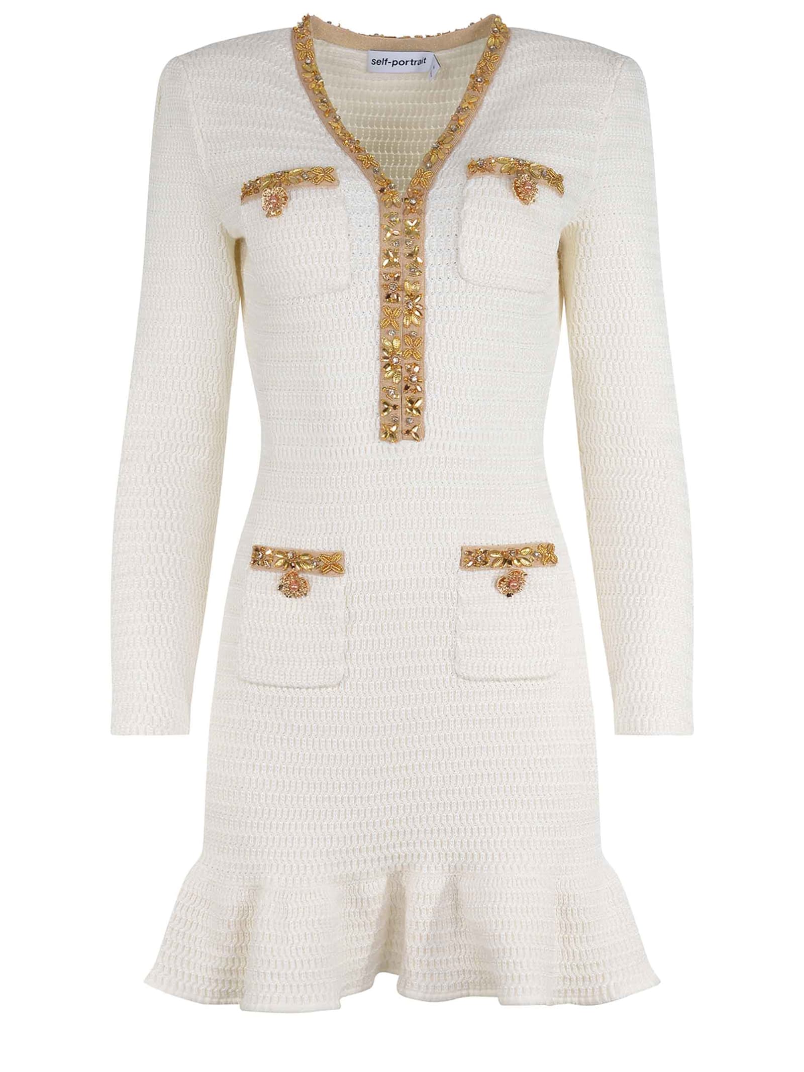 Shop Self-portrait Dress Made Of Cream Color Crochet. In Beige