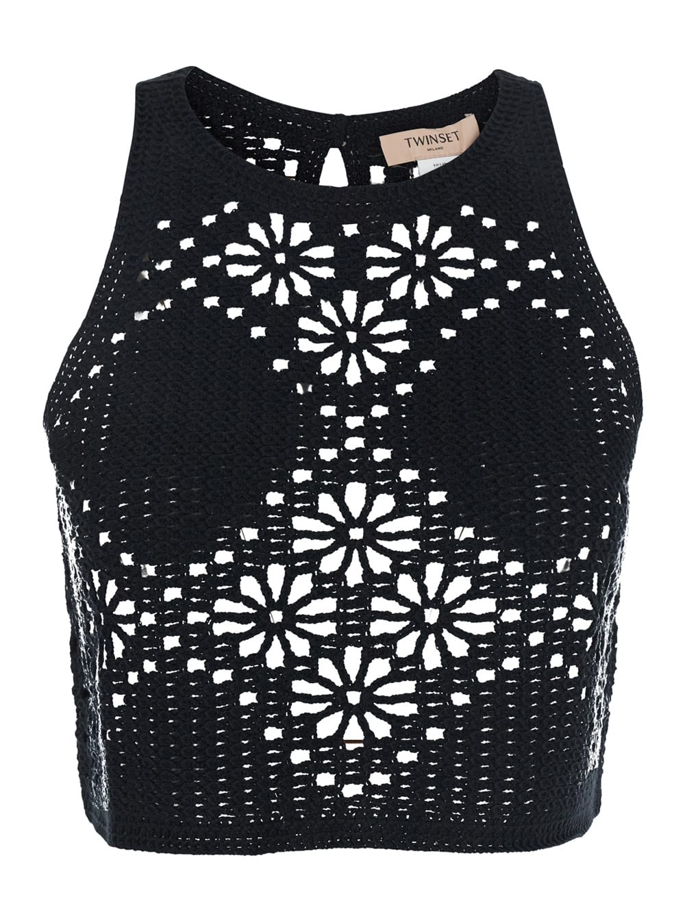 Black Top With Knitted Design And All-over Floral Embroidery In Cotton Woman