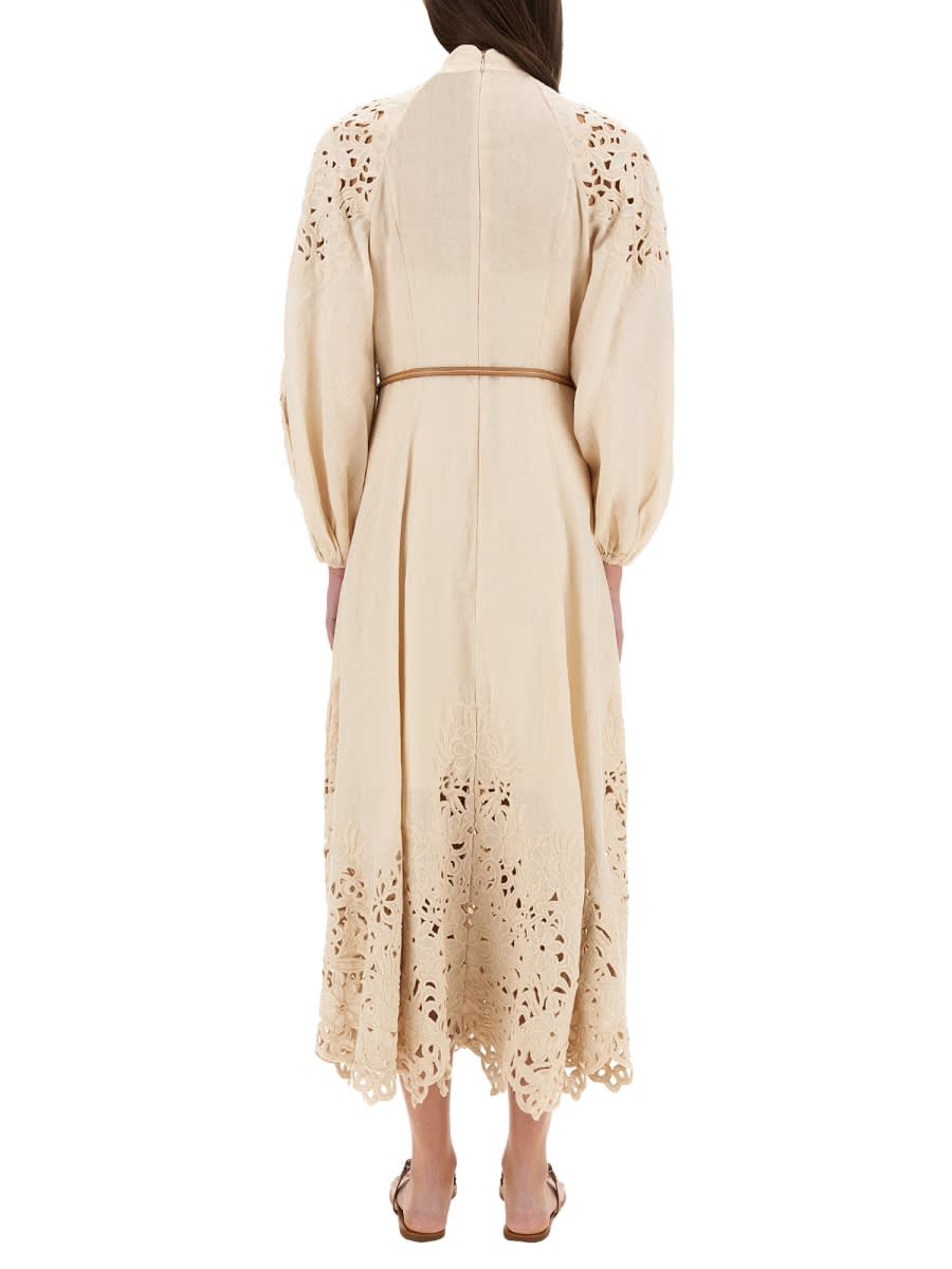 Zimmermann Beige Long Dress With High Neck And All-over Embroidery In Linen Woman In Cream