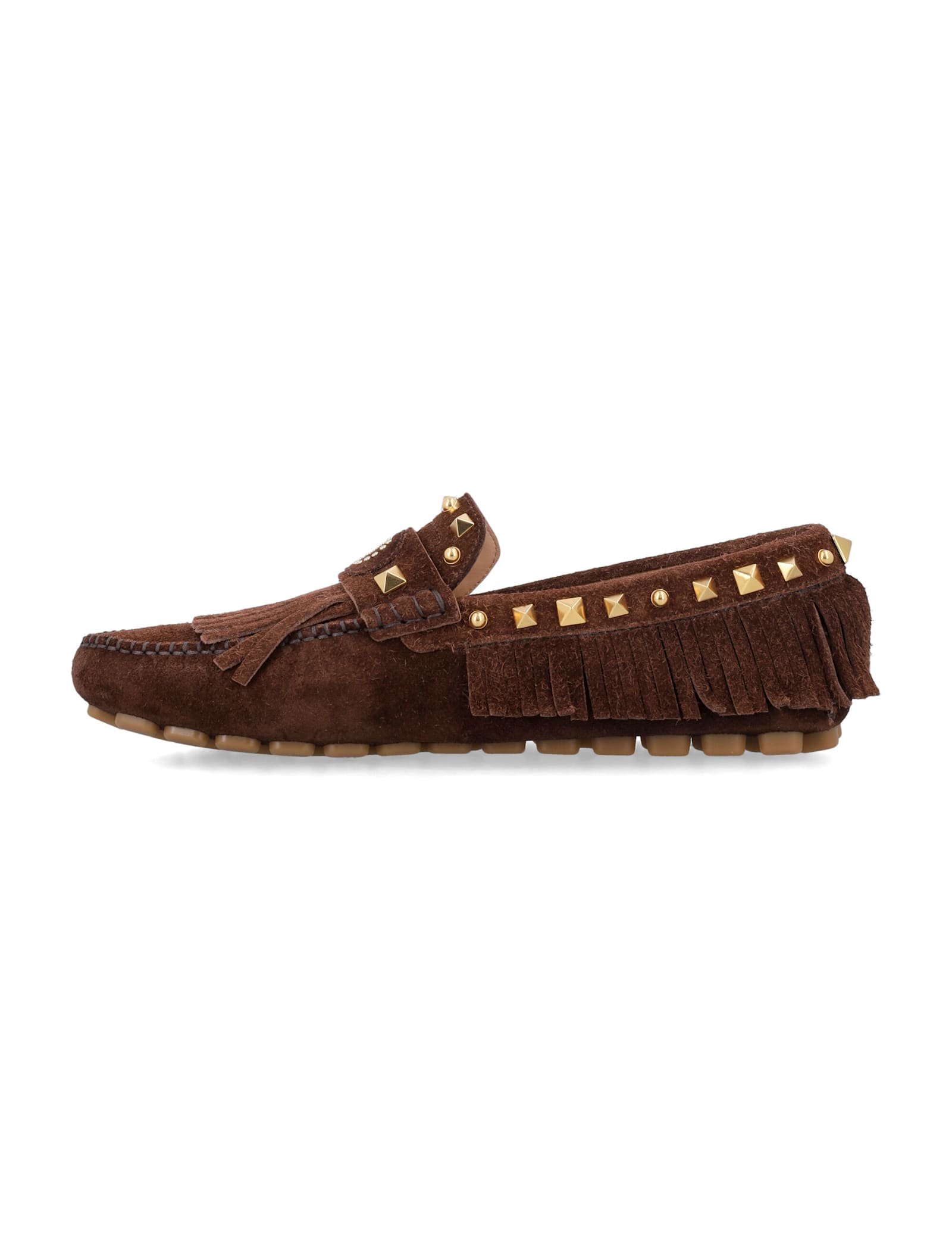 Valentino Garavani Driver Fastaway Loafer With Fringes And Decorative Studs In Brown