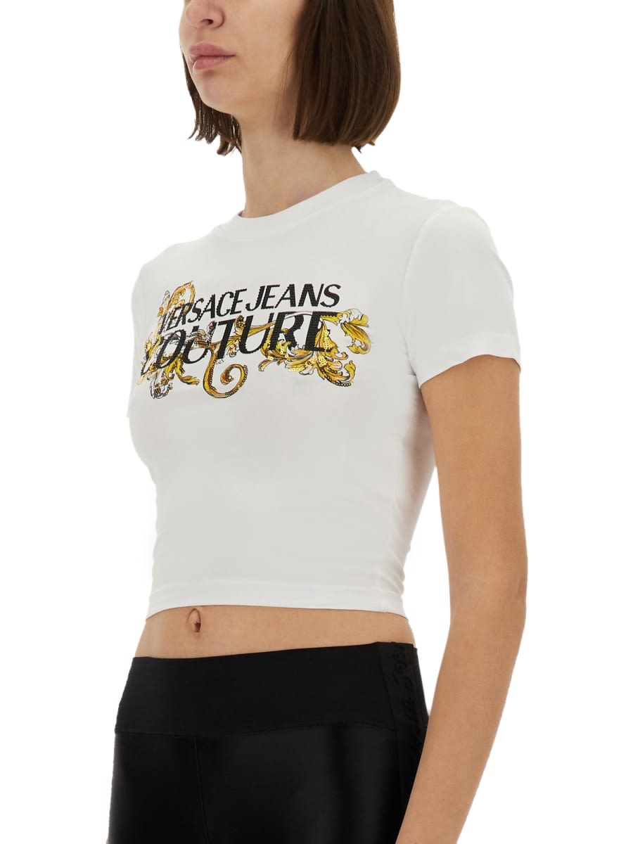 Versace Jeans Couture T-shirt With Crystals Outline Baroque In White