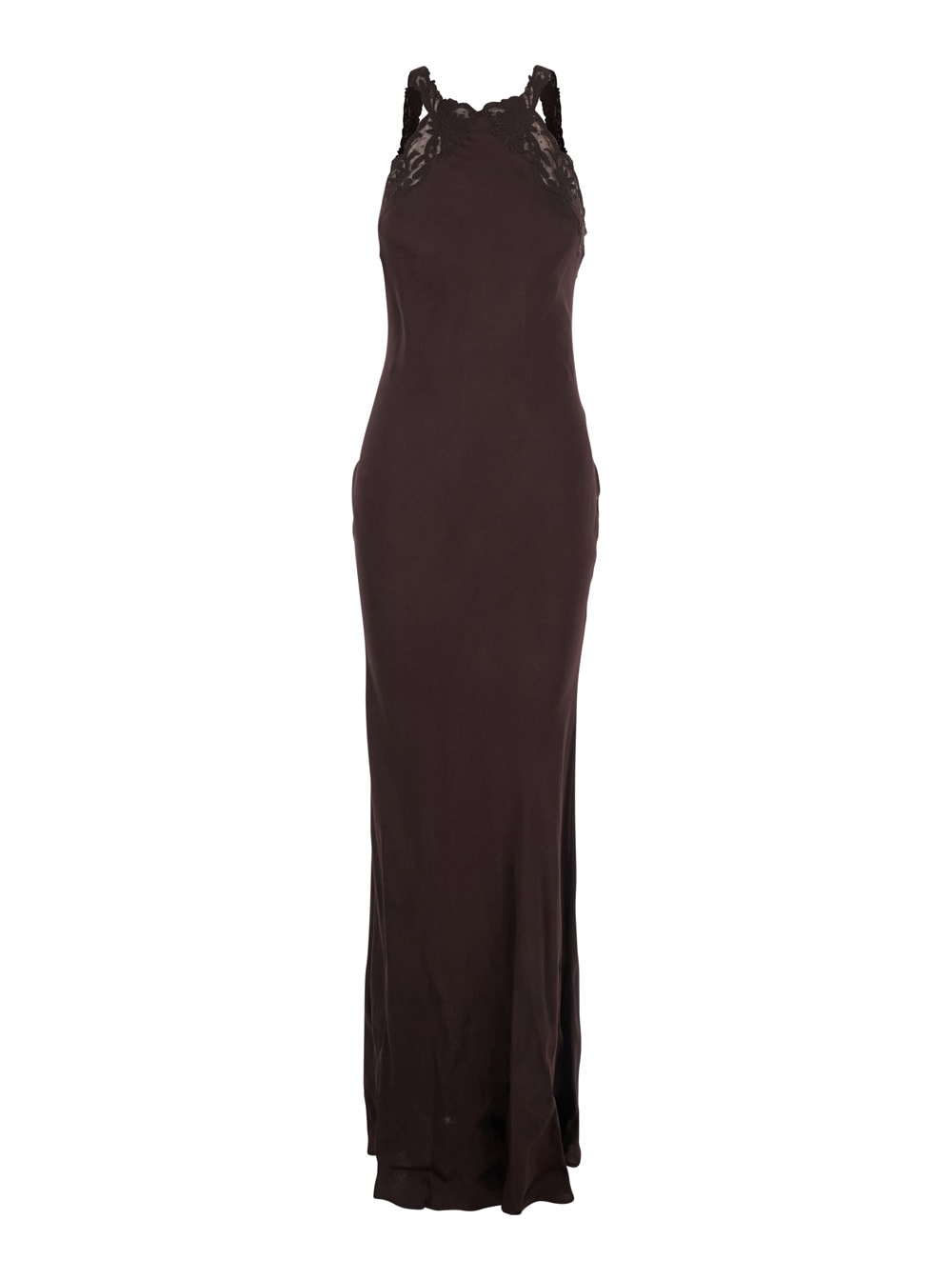 Twinset Brown Halterneck Long Dress With Lace Embellishment On The Rear In Viscose Woman In Brown