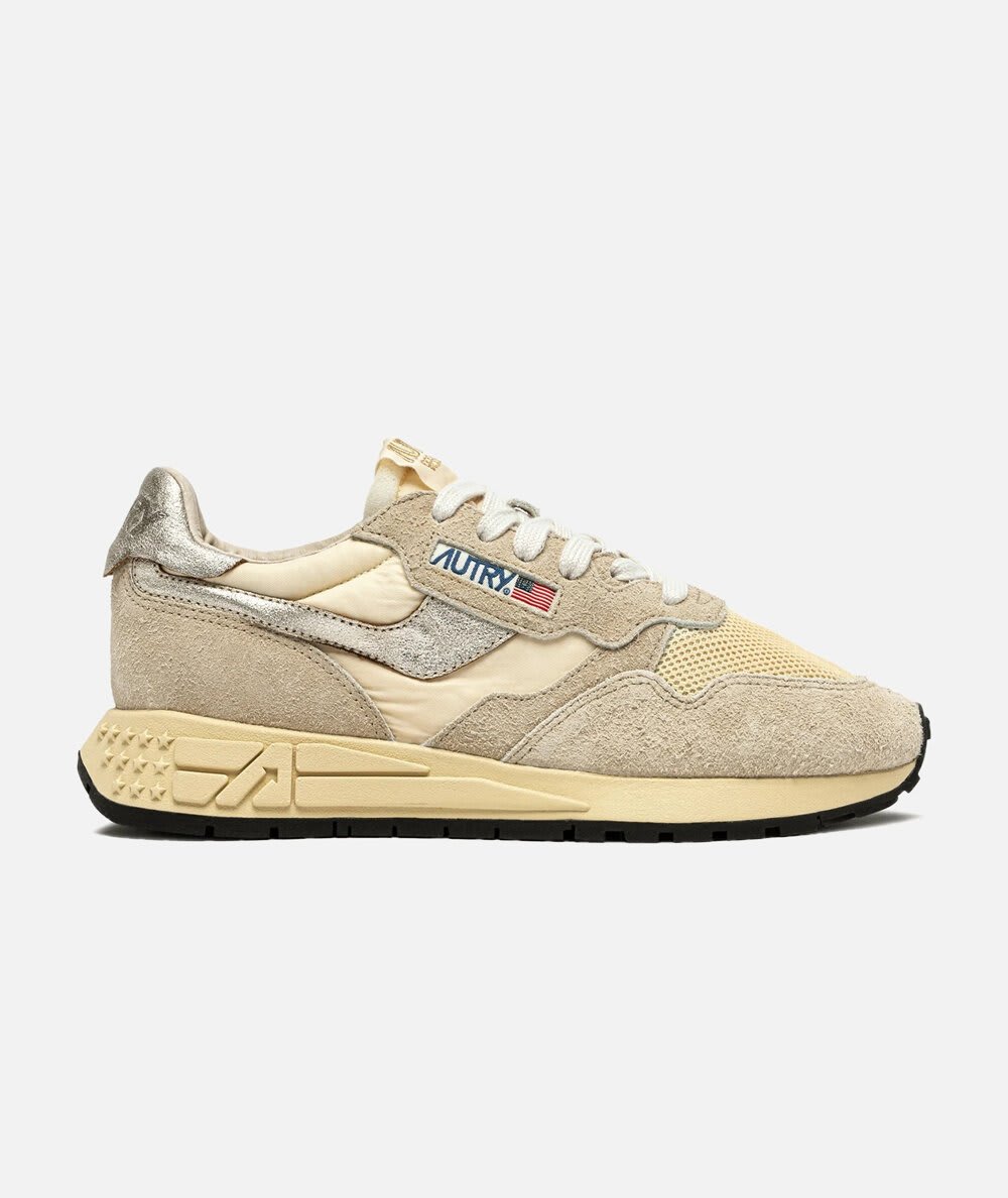 Autry Reelwind Low Sneakers In Nylon Suede And Leather Color Ecru And Platinum Shoes In Multi