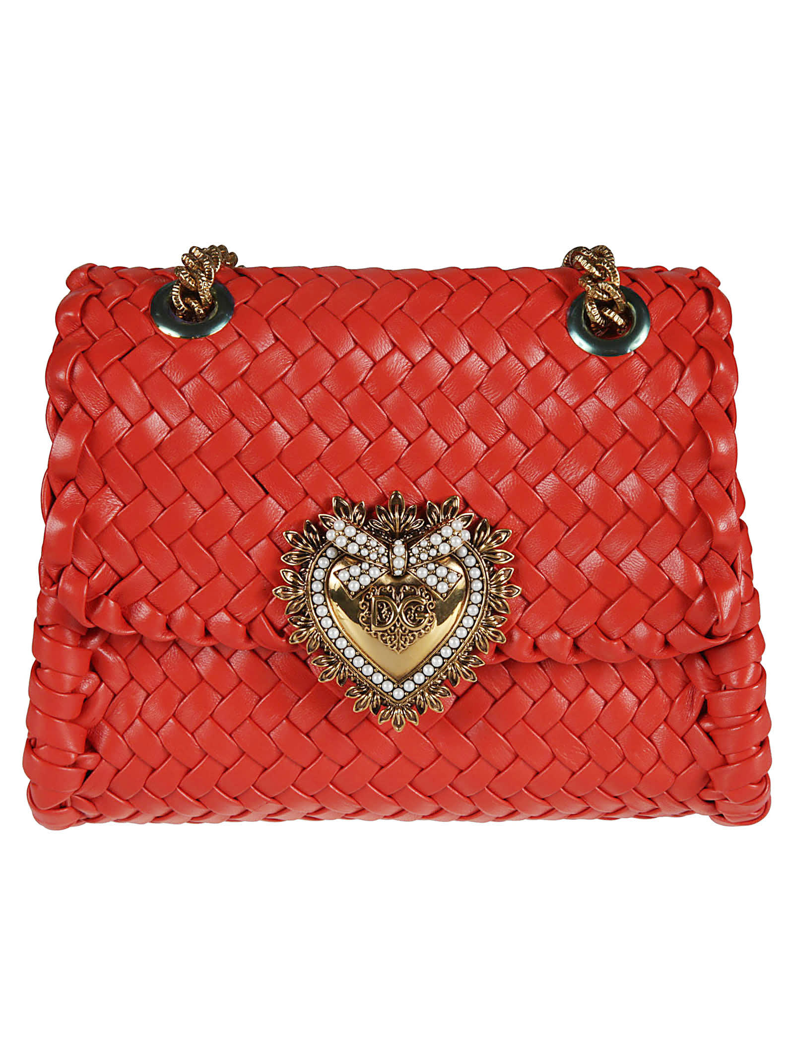 Dolce & Gabbana Heart Logo Plaque Woven Chain Shoulder Bag In Red