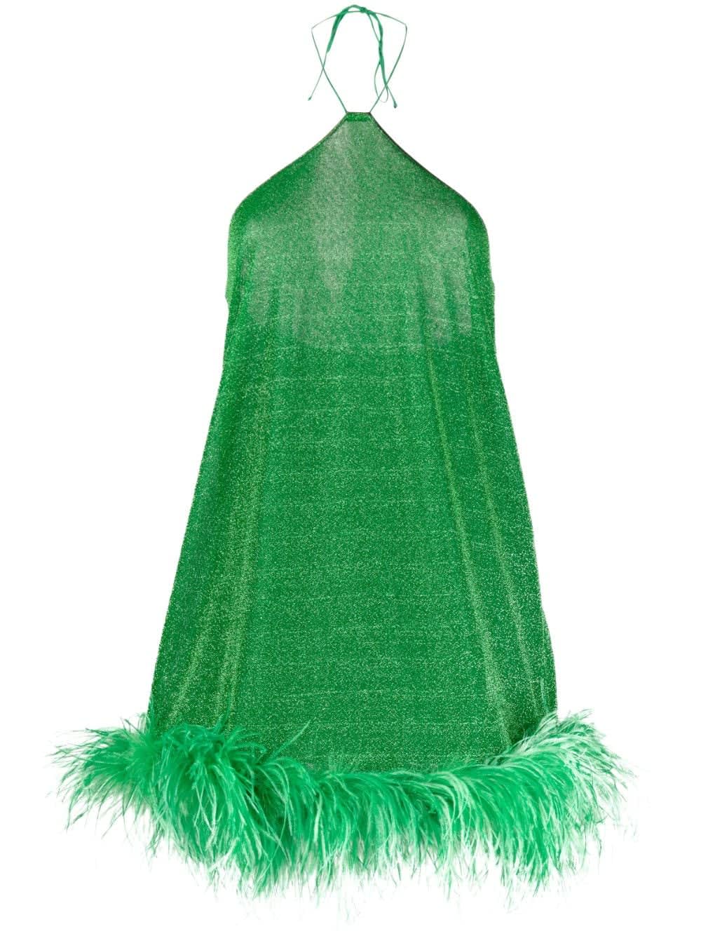 Shop Oseree Lumiere Plumage Necklace Short Dress In Emerald Green