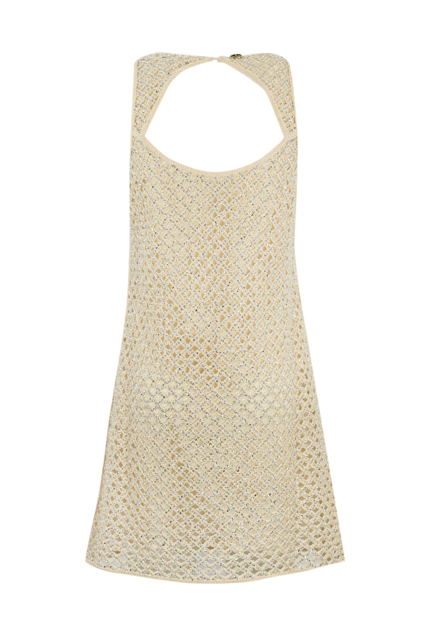 Shop Twinset Net Dress With Beads And Rhinestones In Almond Milk