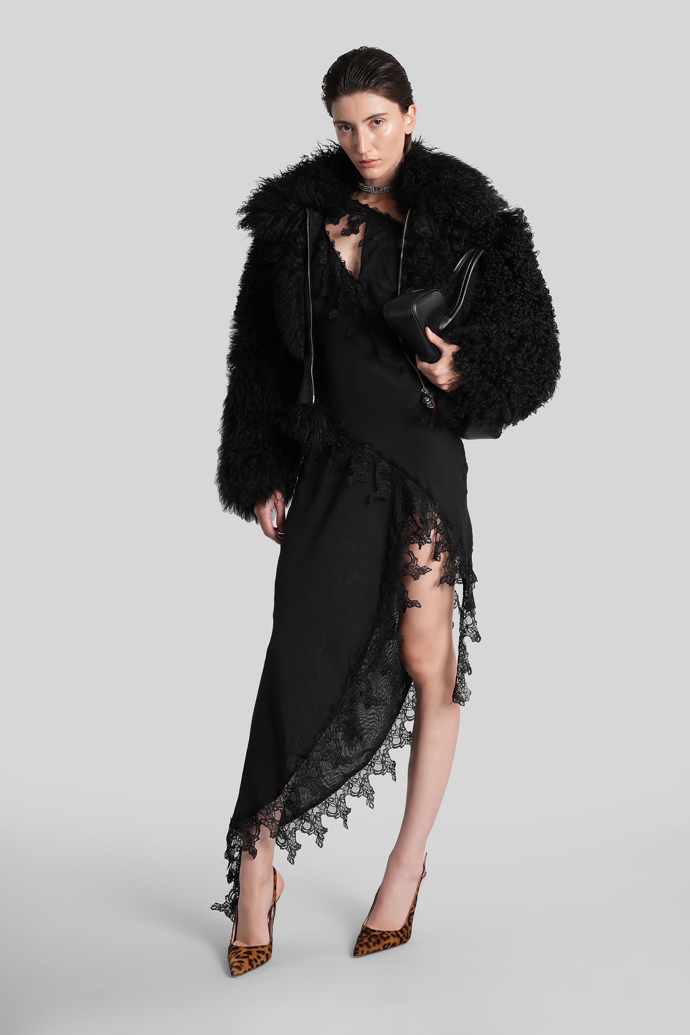 Blumarine Asymmetric Lace-trimmed Midi Dress In Black
