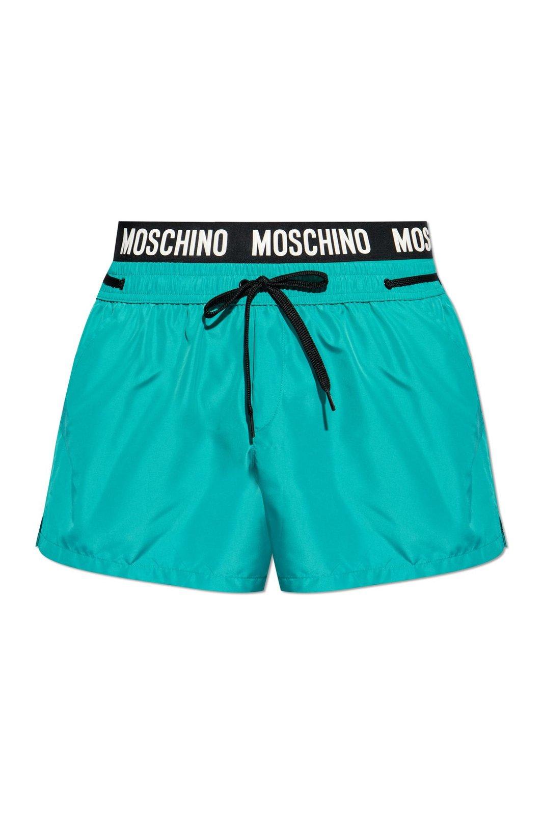 Shop Moschino Logo Waistband Drawstring Swim Shorts