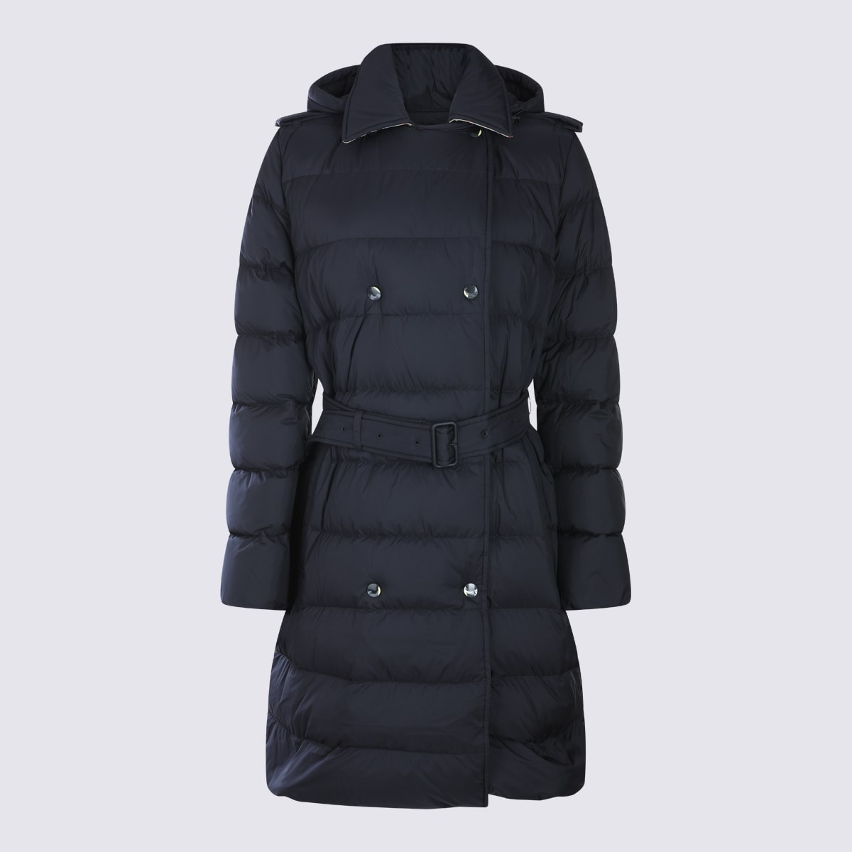 Burberry Double-breasted Kent Long Puffer Coat With Belt In Blue