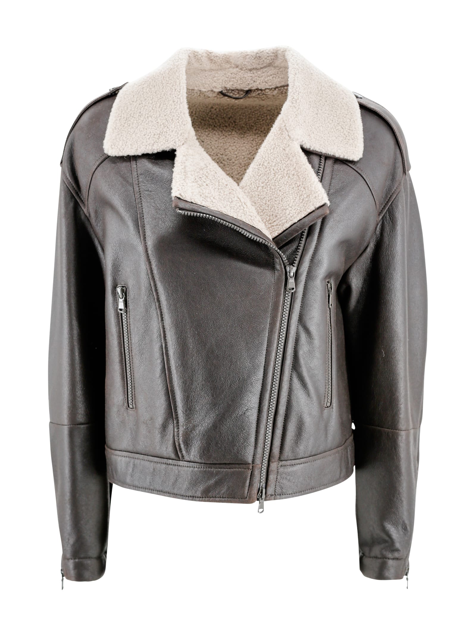 Shop Brunello Cucinelli Giacca Biker In Pelle Con Collo In Shearling In Cioccolato