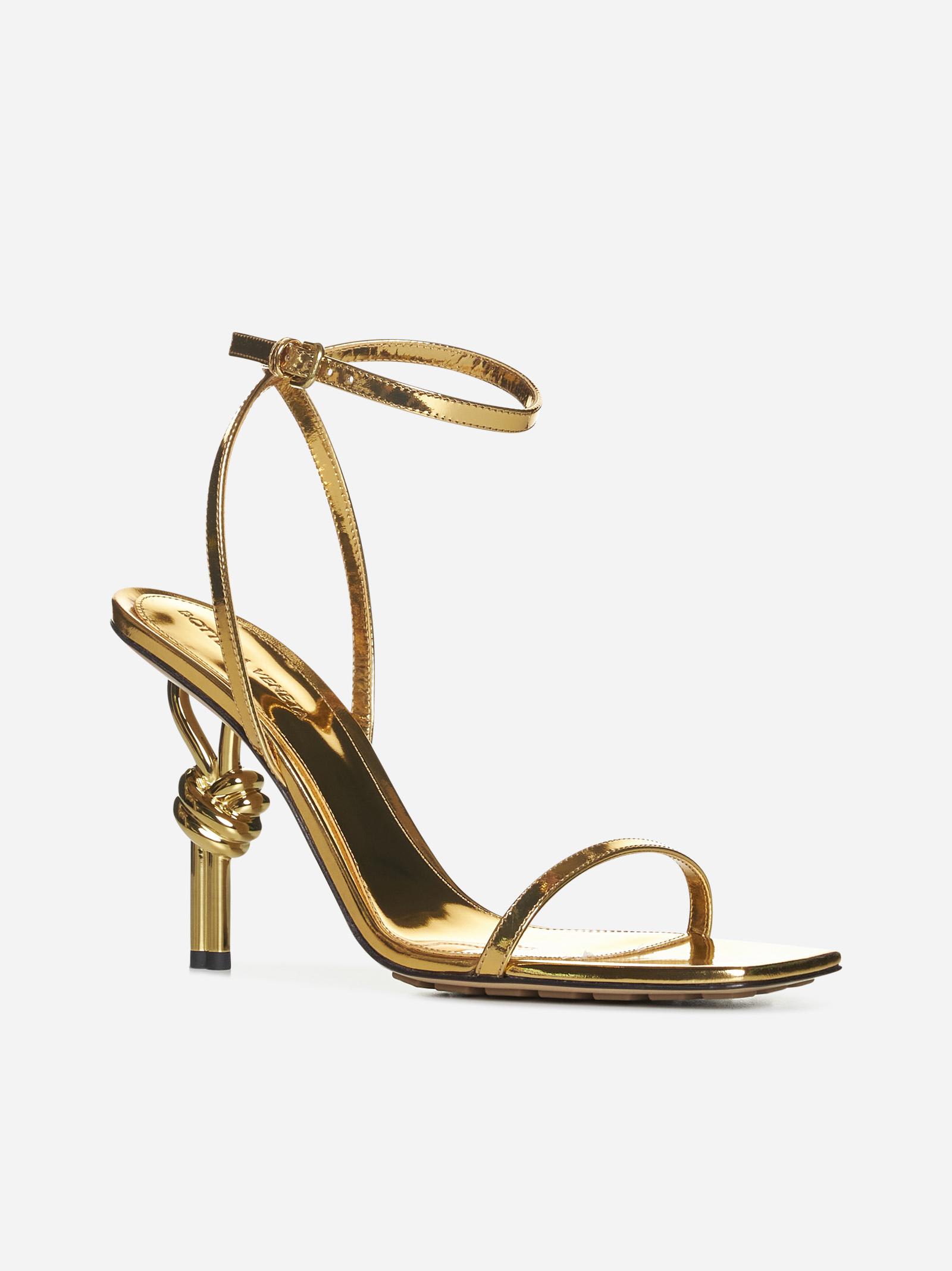 Shop Bottega Veneta Ankle Wrap Metallic Sandals In Golden