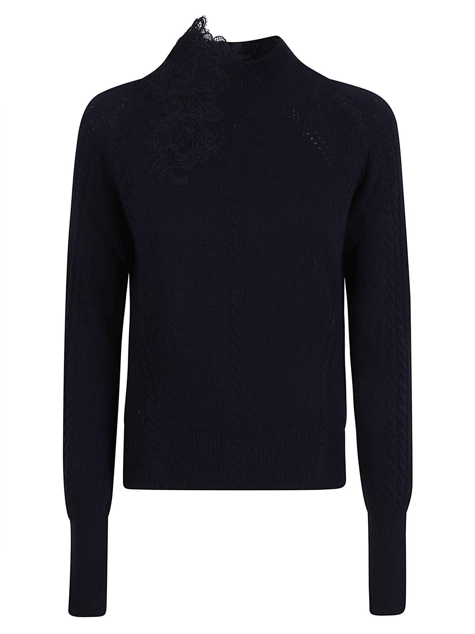 Ermanno Scervino Cable Knit Sweater With Floral Lace Detailing In Blue