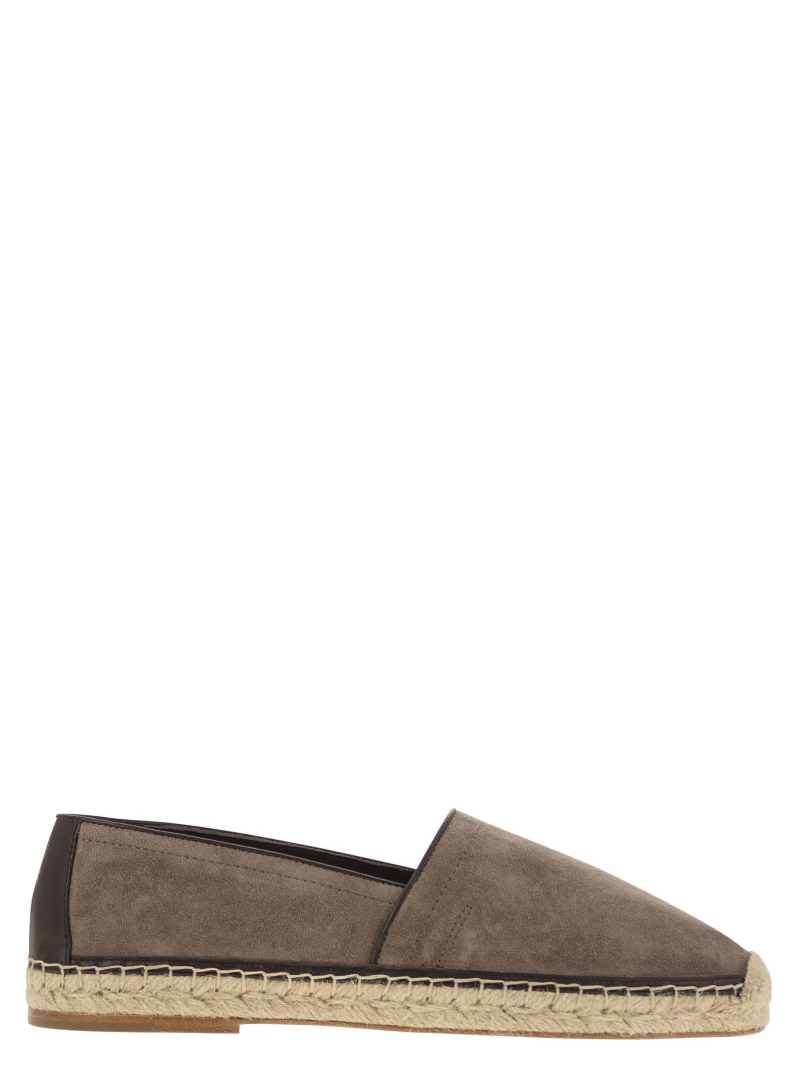 Brunello Cucinelli Round Toe Suede Espadrilles With Jute Sole In Turtledove