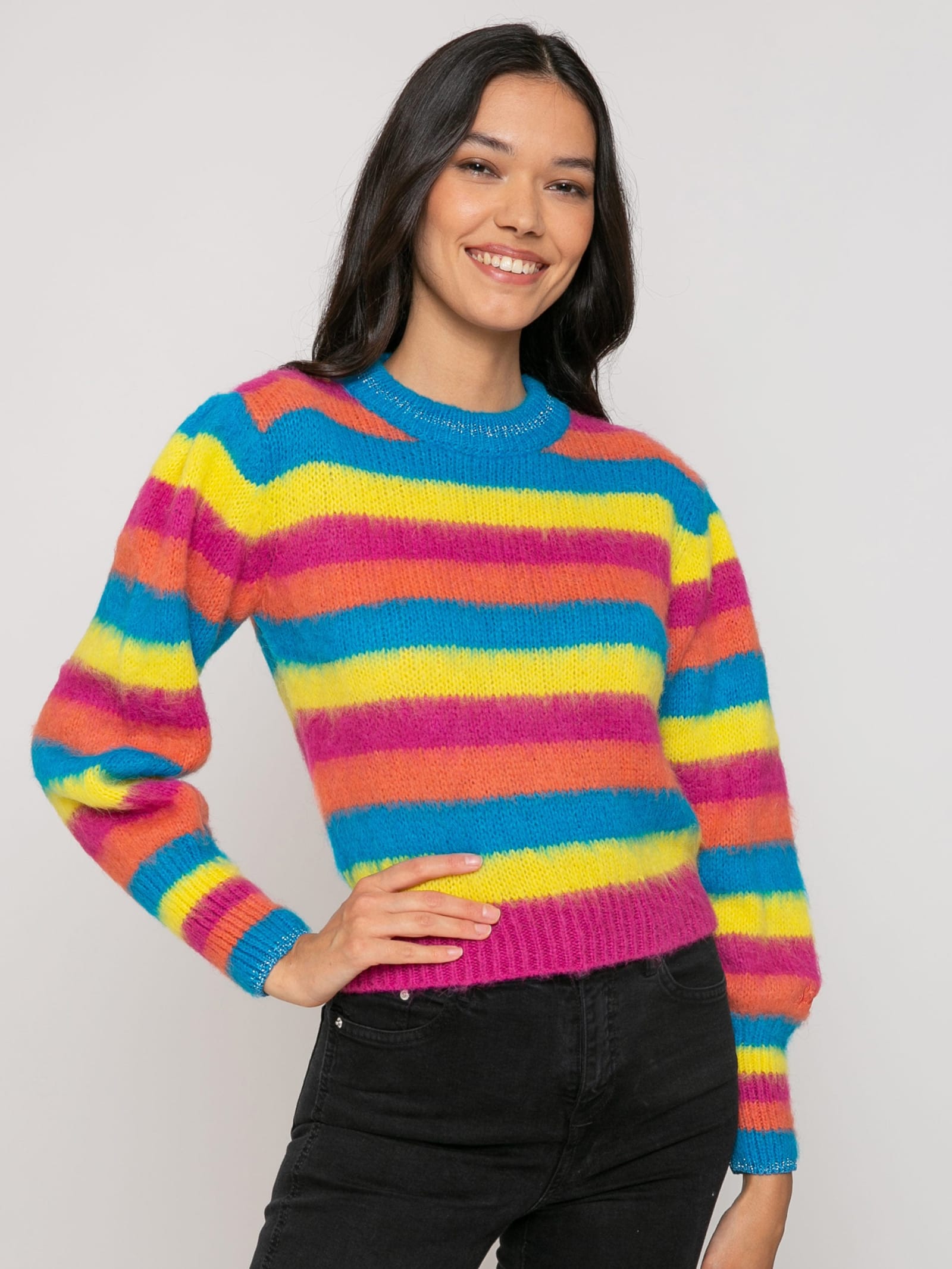 Brushed Knit Striped Sweater With Puff Sleeves