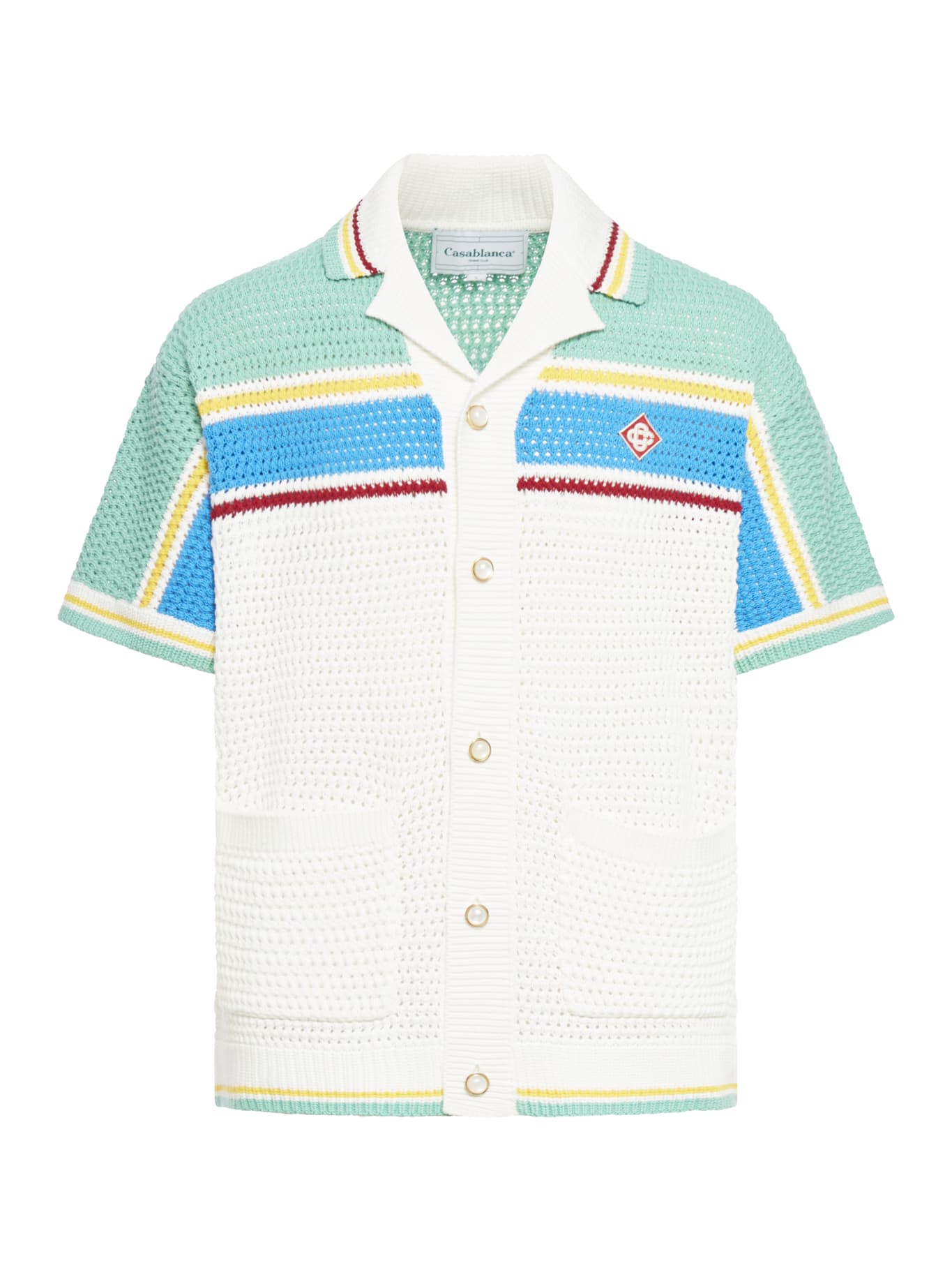Shop Casablanca Crochet Effect Tennis Shirt In White Blue Multi