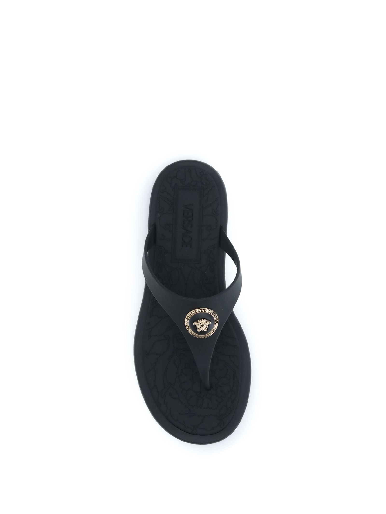 Versace Flat Sole Open Toe Sandals With Medusa Motif In Black