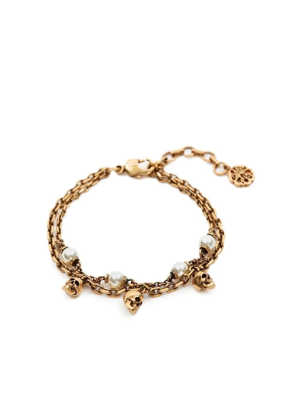 Alexander Mcqueen Skull Pearl Chain Bracelet In Antiqued Gold