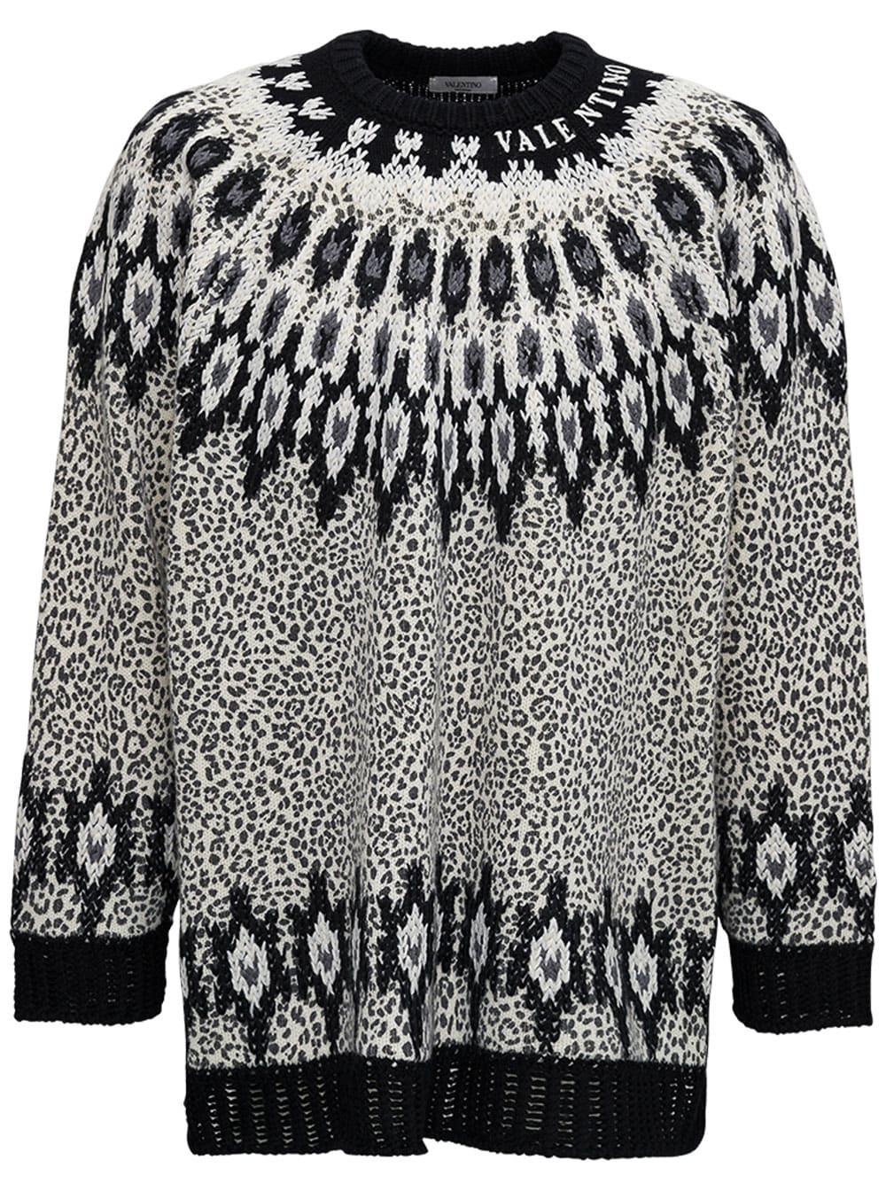 Valentino Crew Neck Wool Sweater With Animal Print And Embroidery