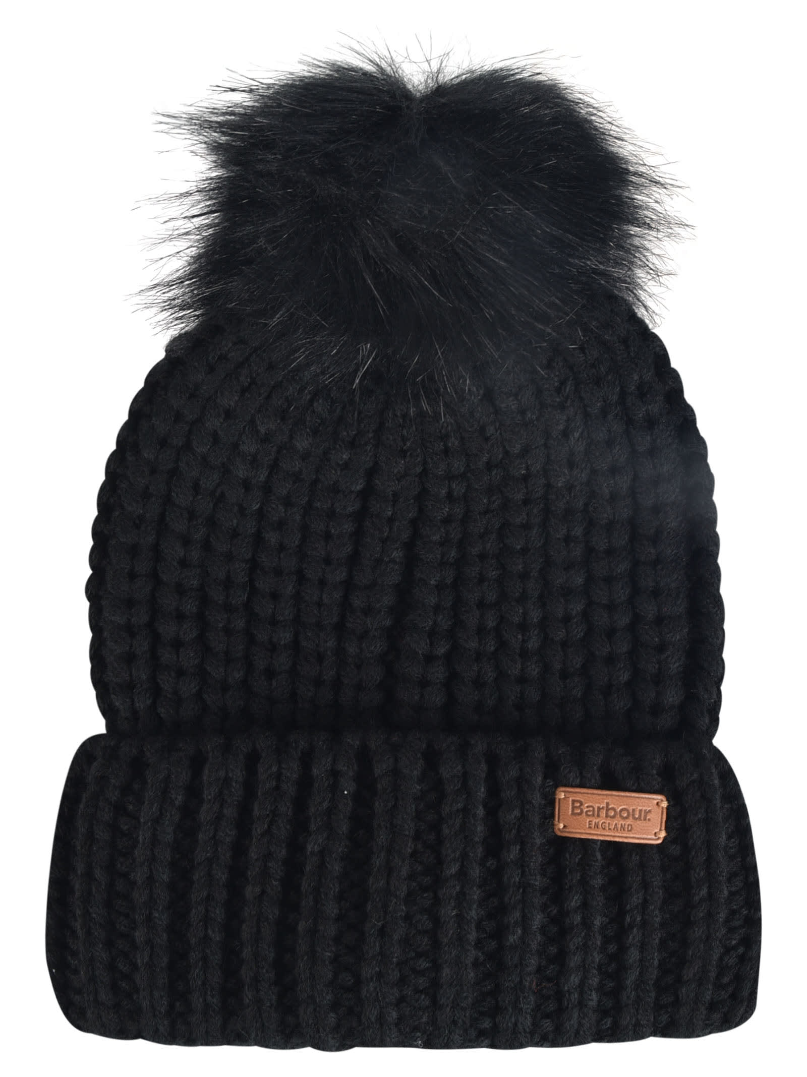 Shop Barbour Logo Patch Rib Knit Puff Beanie And Scarf Set In Black