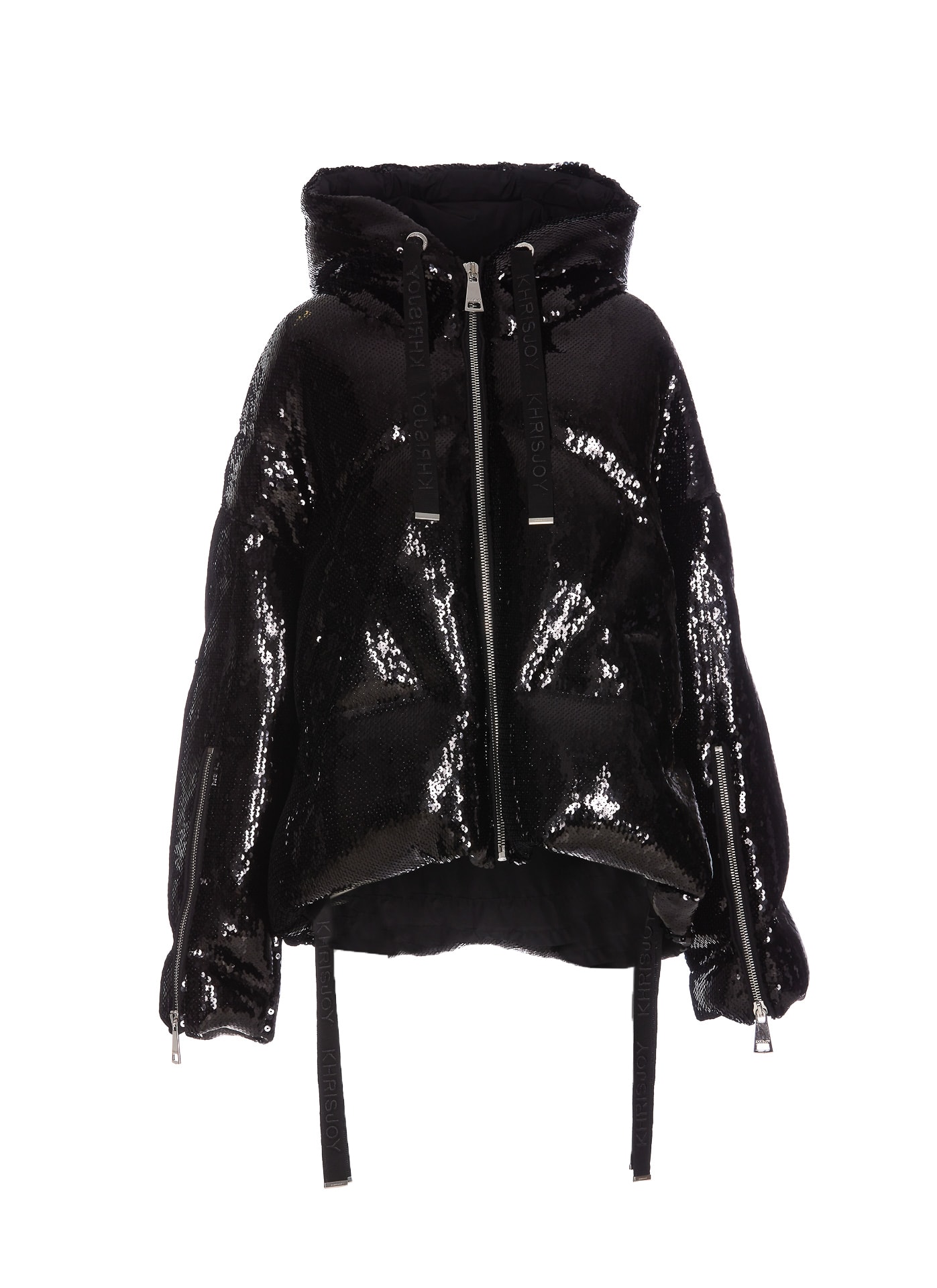 Khrisjoy Black Sequins And Nylon Puff Glossy Down Jacket In Black