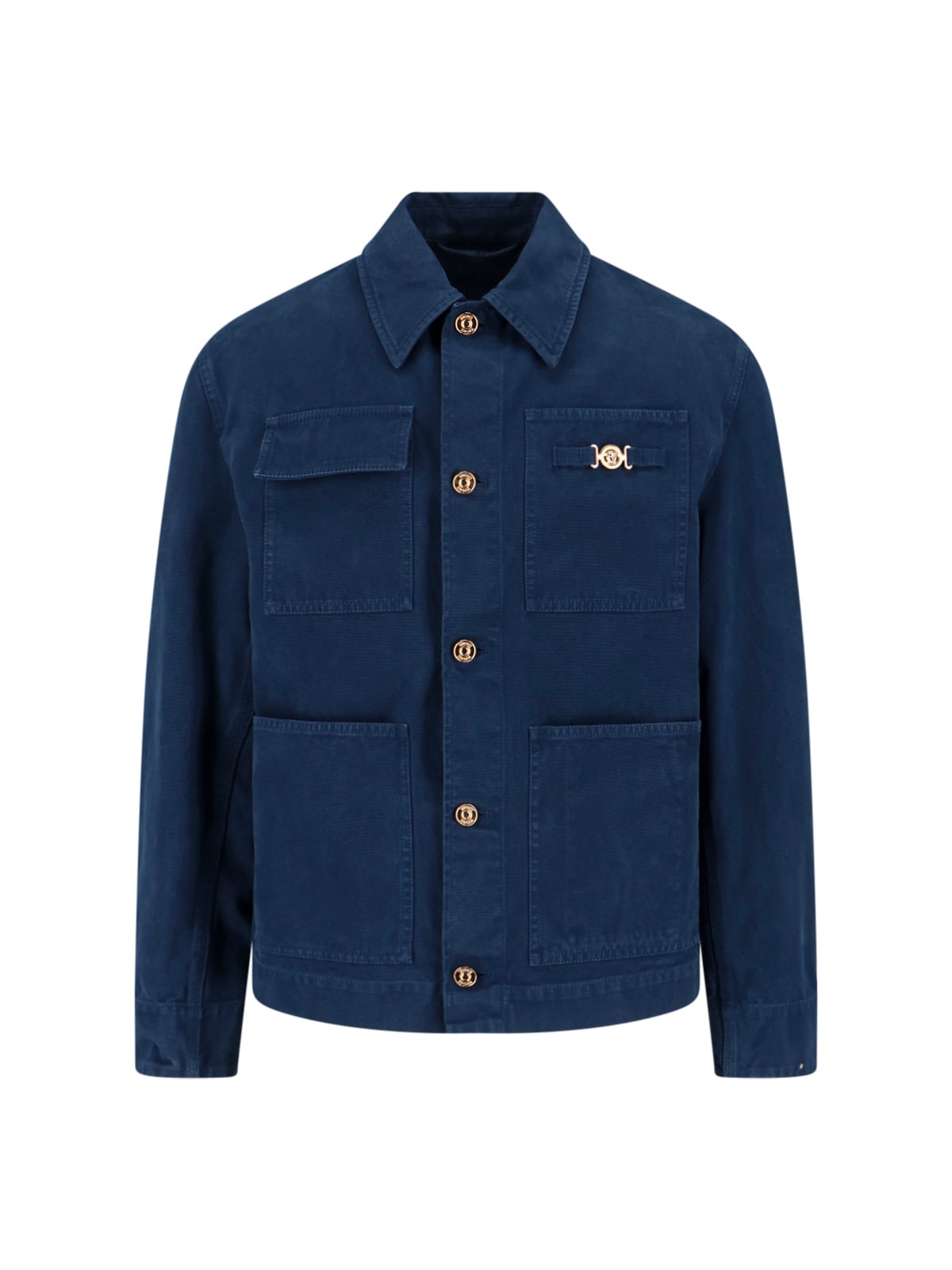 Versace Collared Jacket Front Pockets Gold Tone Hardware In Blue