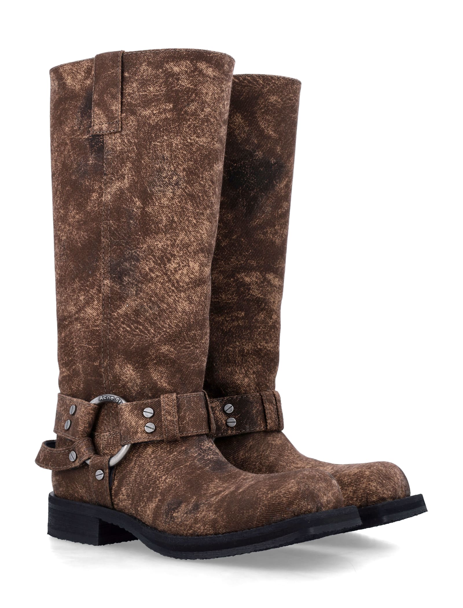 Acne Studios 35mm Balius Coated Denim Biker Boots In Rust Brown