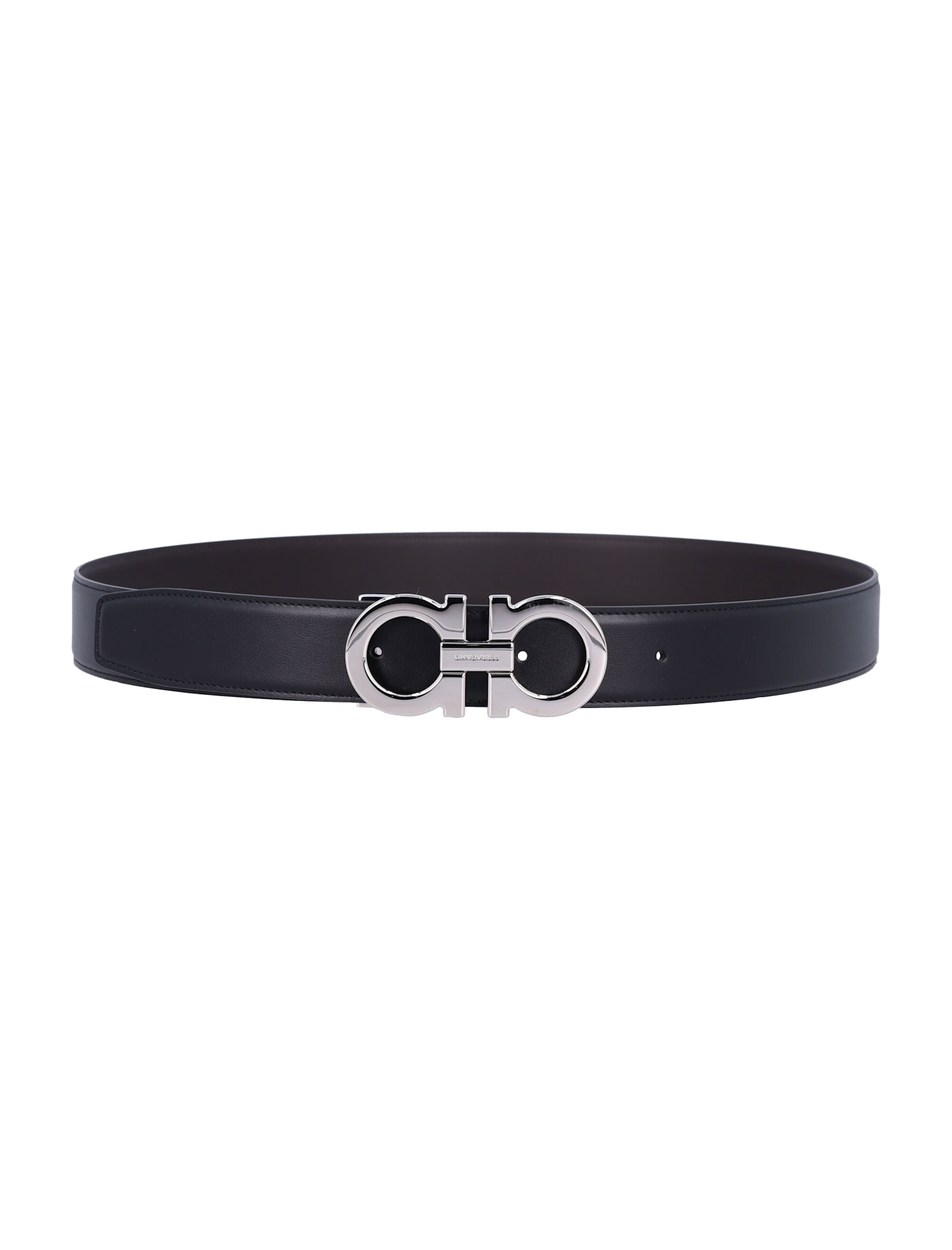 Ferragamo Double Gancini Adjustable And Reversible Leather Belt In Black