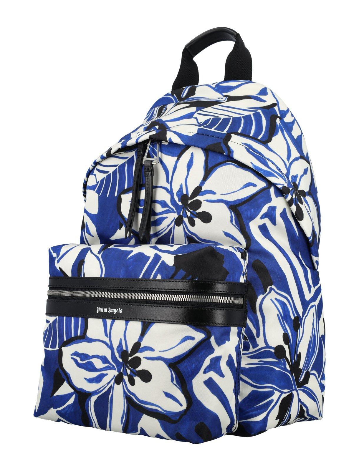 Shop Palm Angels Hibiscus Printed Zipped Backpack In Blue