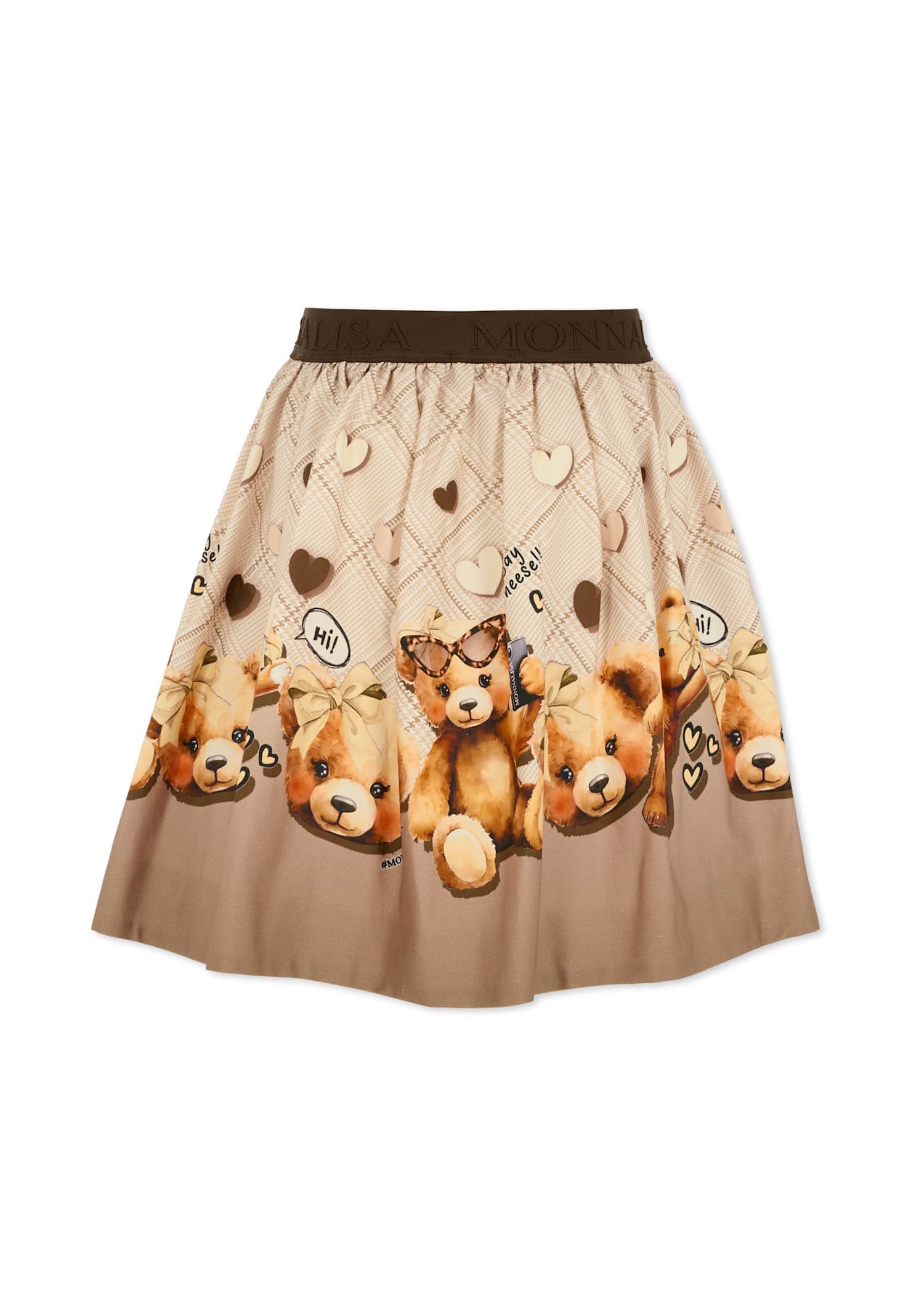 Monnalisa Beige Skirt With Elastic Waist With Logo Lettering And All-over Print In Cotton Stretch Girl In Brown