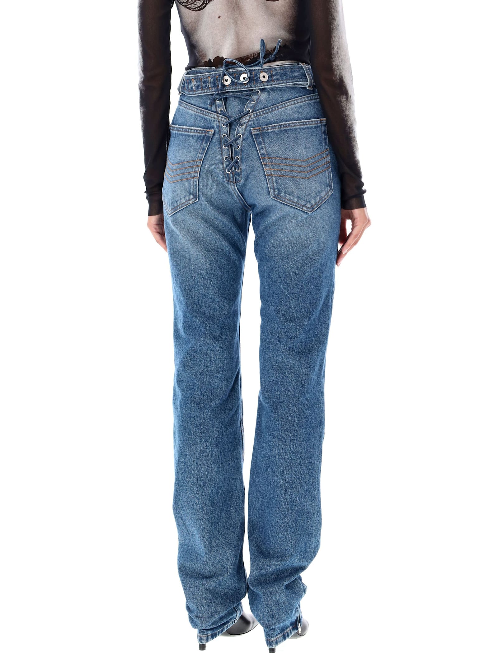 Shop Jean Paul Gaultier Lacing Knee Bonded Jeans In Vintage Blue