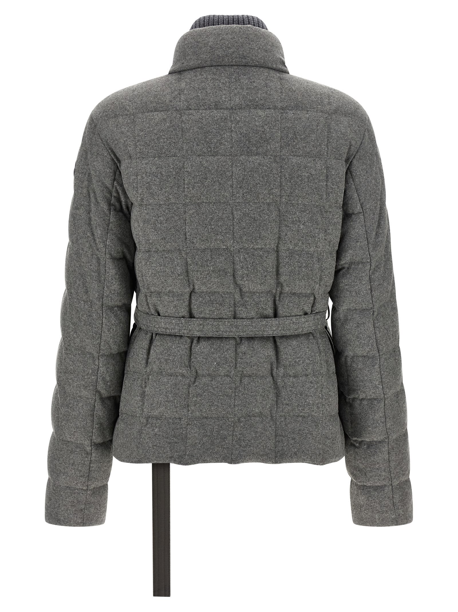 Moncler Women Bussettes Wool Blend Belted Short Down Jacket Grey In Gray