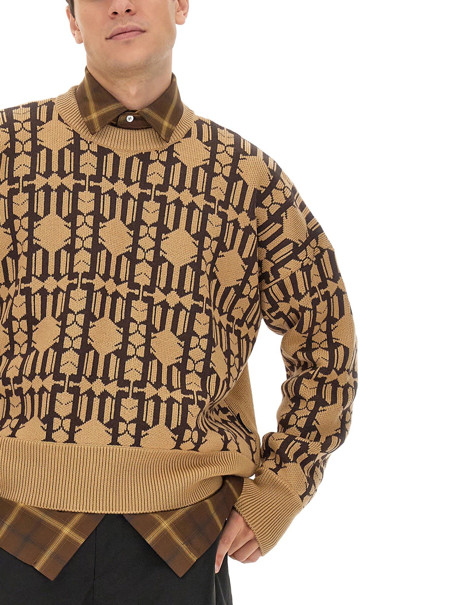 Palm Angels Embroidered Allover Monogram Jacquard Sweater In Beige