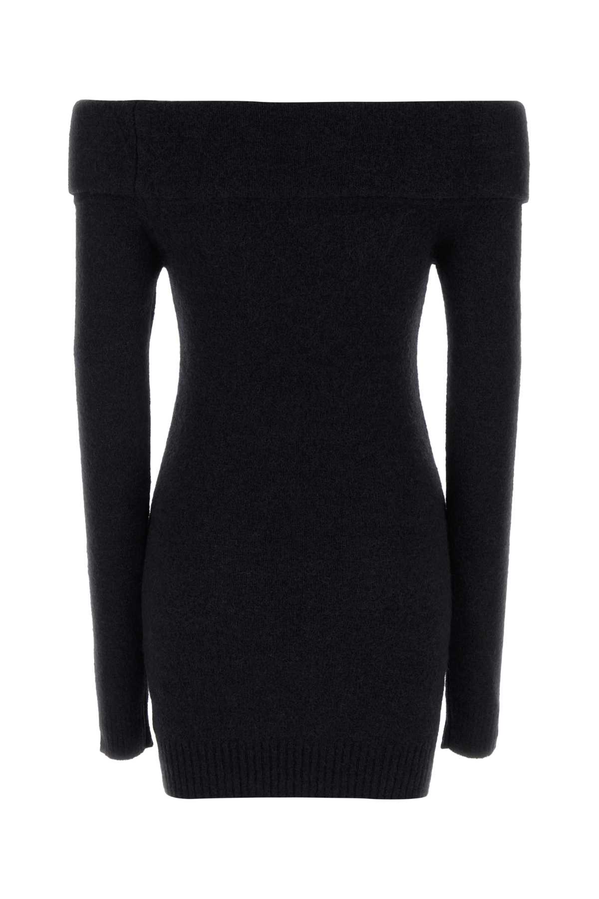 Blumarine Black Alpaca Blend Off-the-shoulder Mini Dress In Black